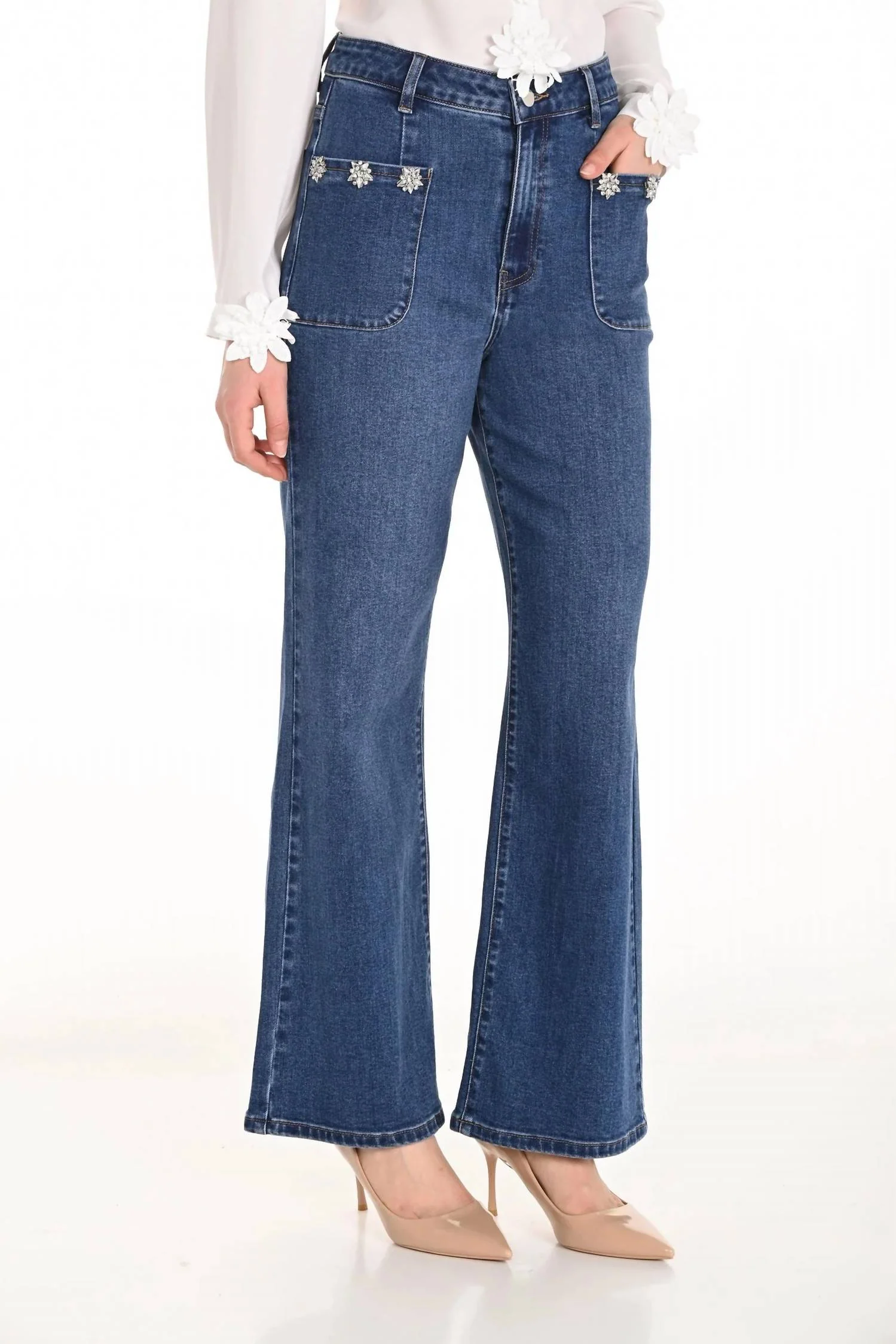 Fawn Fit And Flare Jean With Jewel Embellishments In Blue Denim