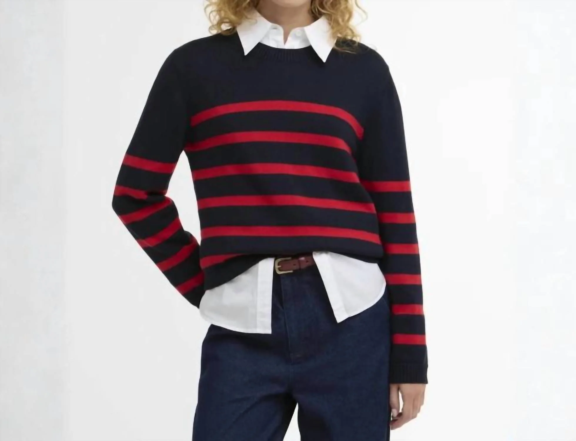 Fern Striped Crew Neck Jumper In Navy | Poppy Red