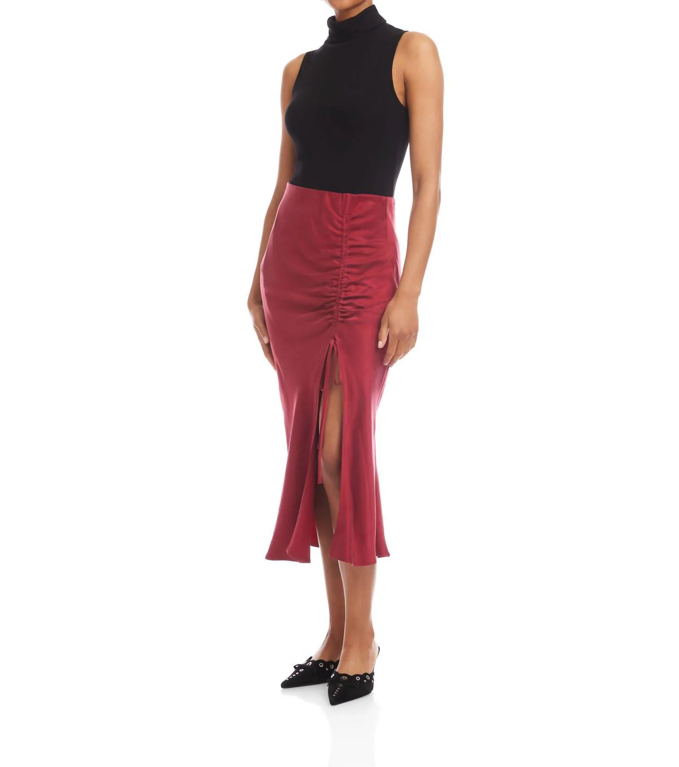 Fiona Shirred Midi Skirt In Brick - Image 3