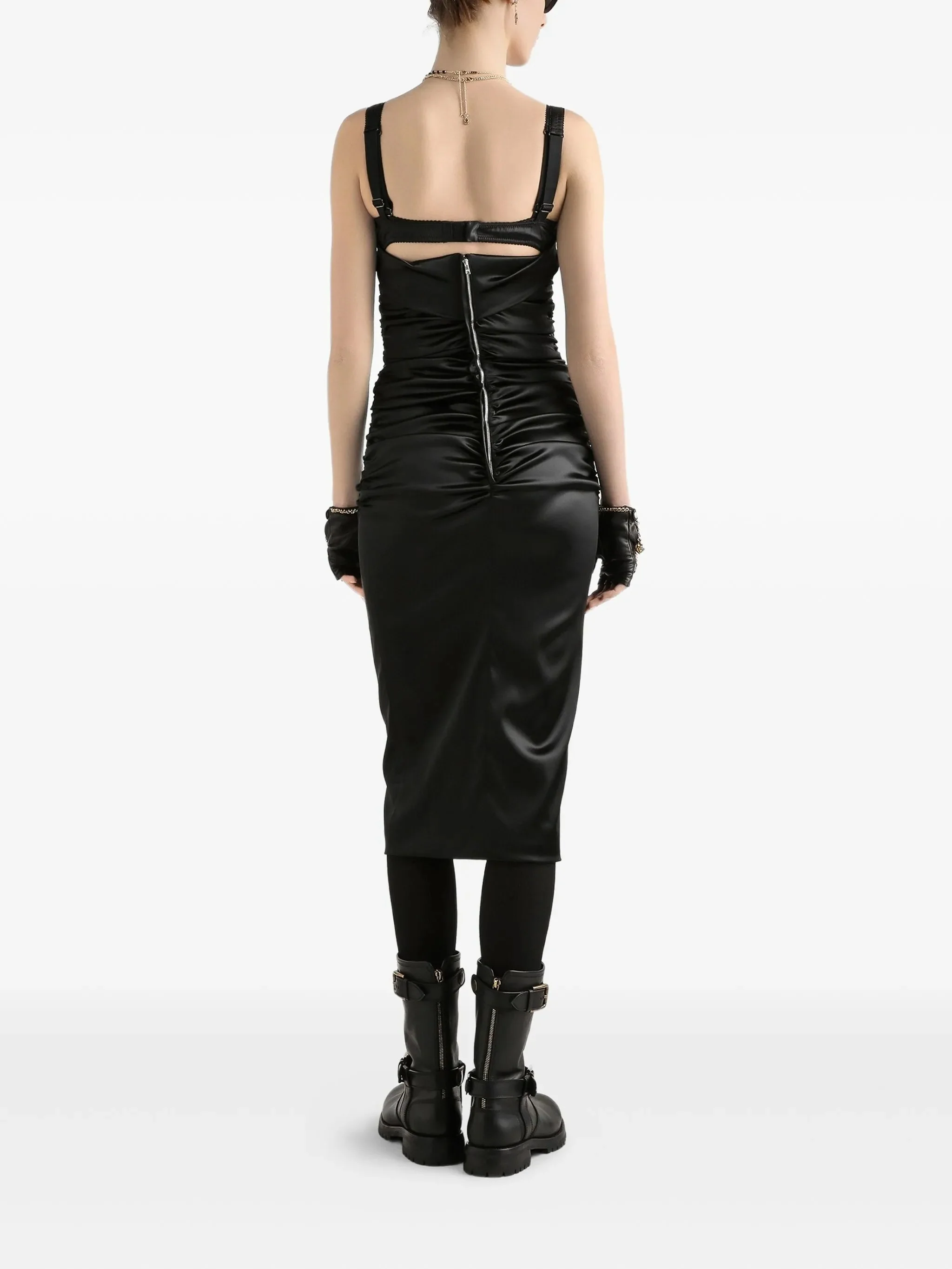 Fitted Black Ruched Cutout Midi Dress - Image 3