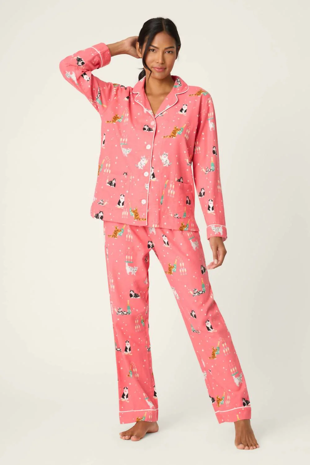 Flannel Long Sleeve Pajama Set In Dark Coral