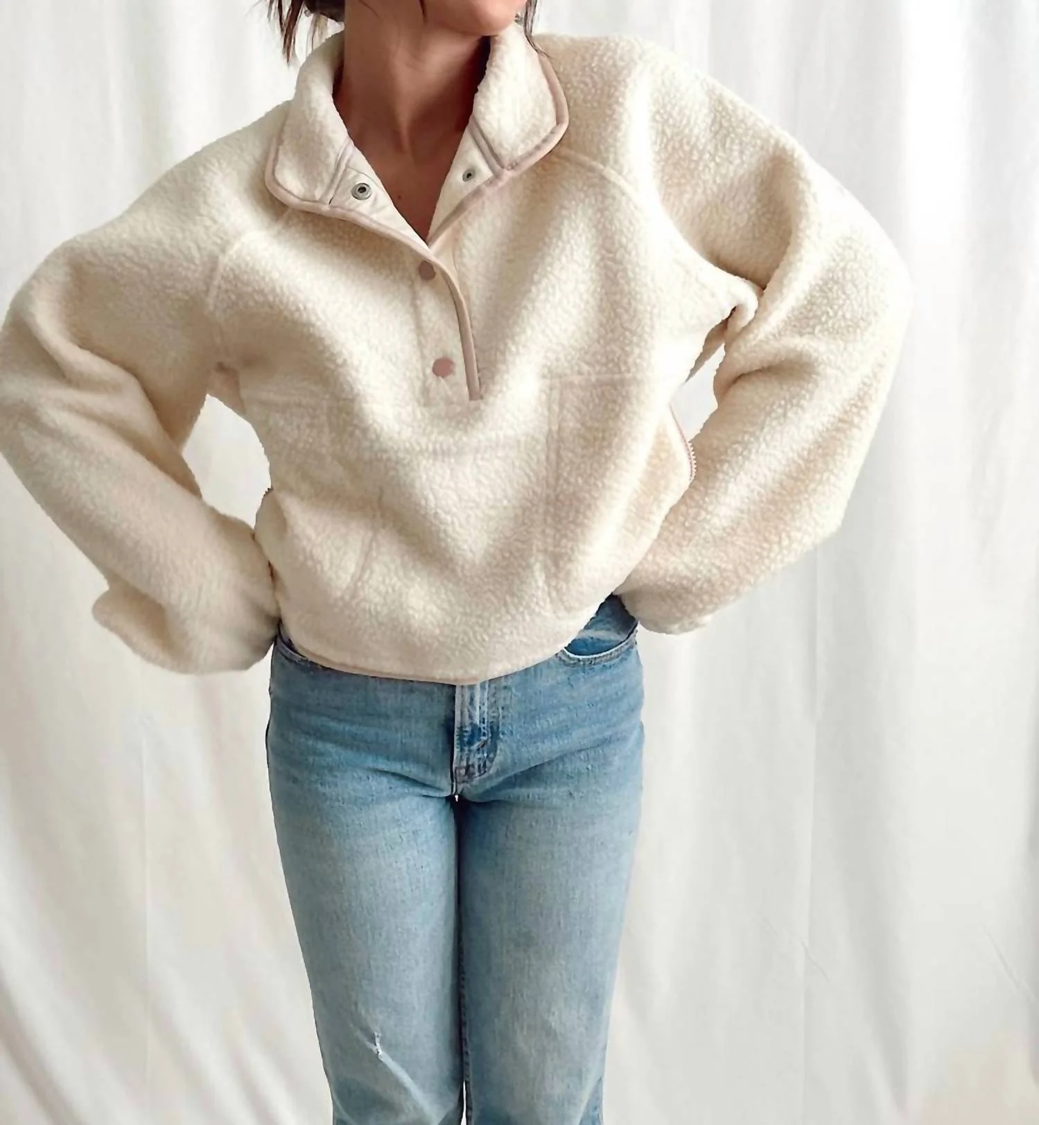 Fleece Button Front Side Pocket Long Sleeve Top In Ivory/pink