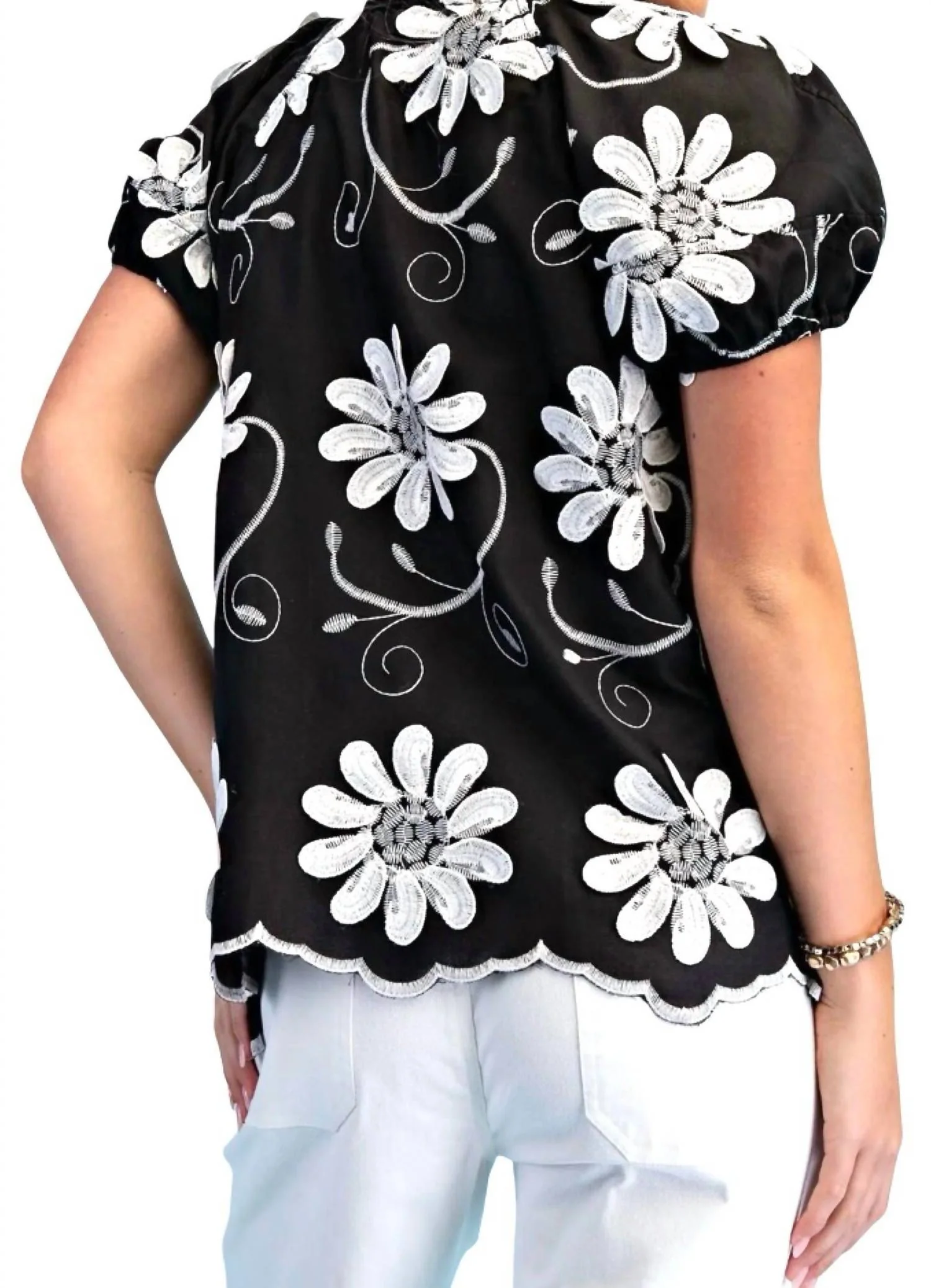Floral Appliqué And Embroidered V-Neck Top In Black - Image 3