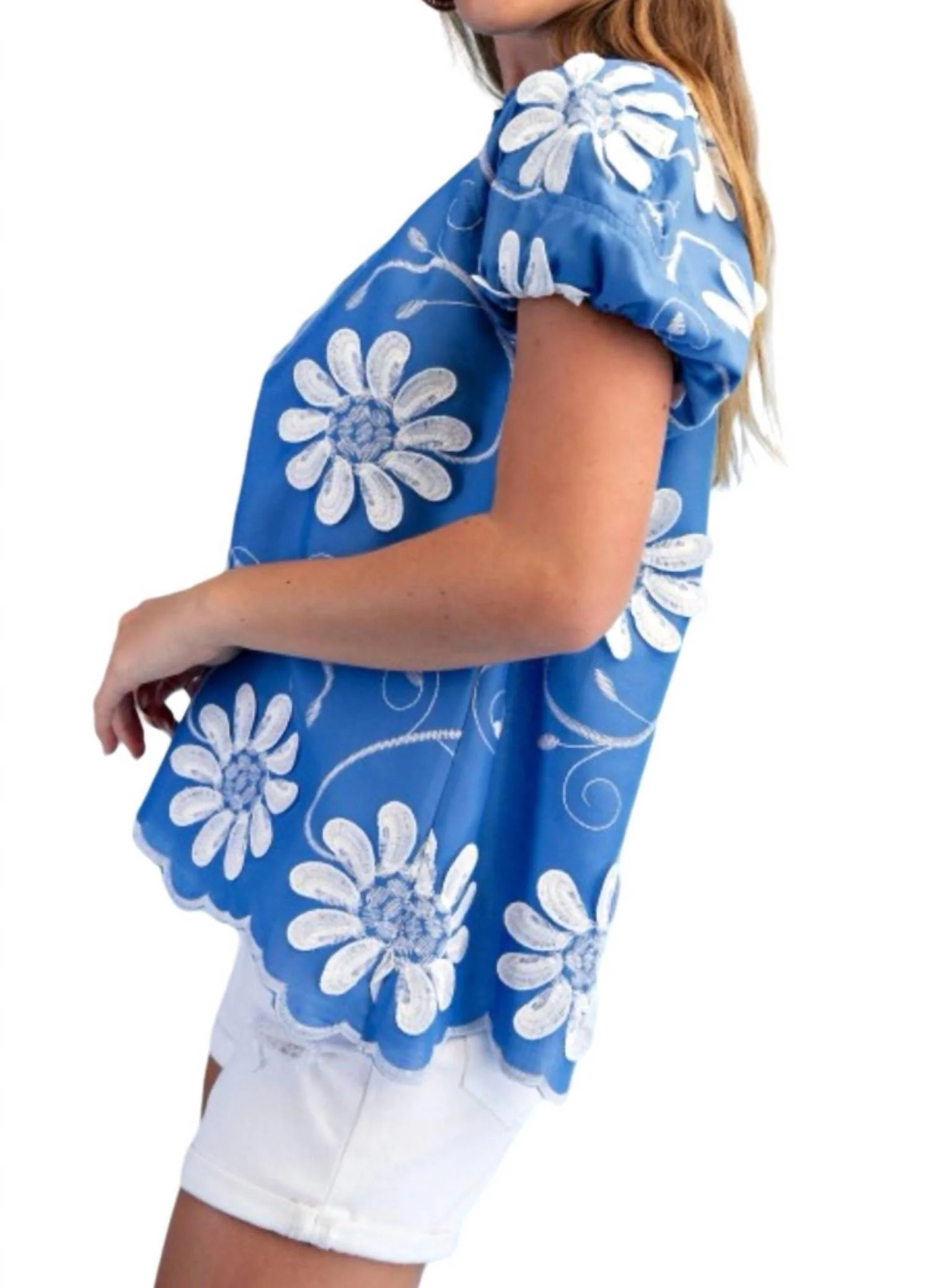 Floral Appliqué And Embroidered V-Neck Top In Blue White - Image 2