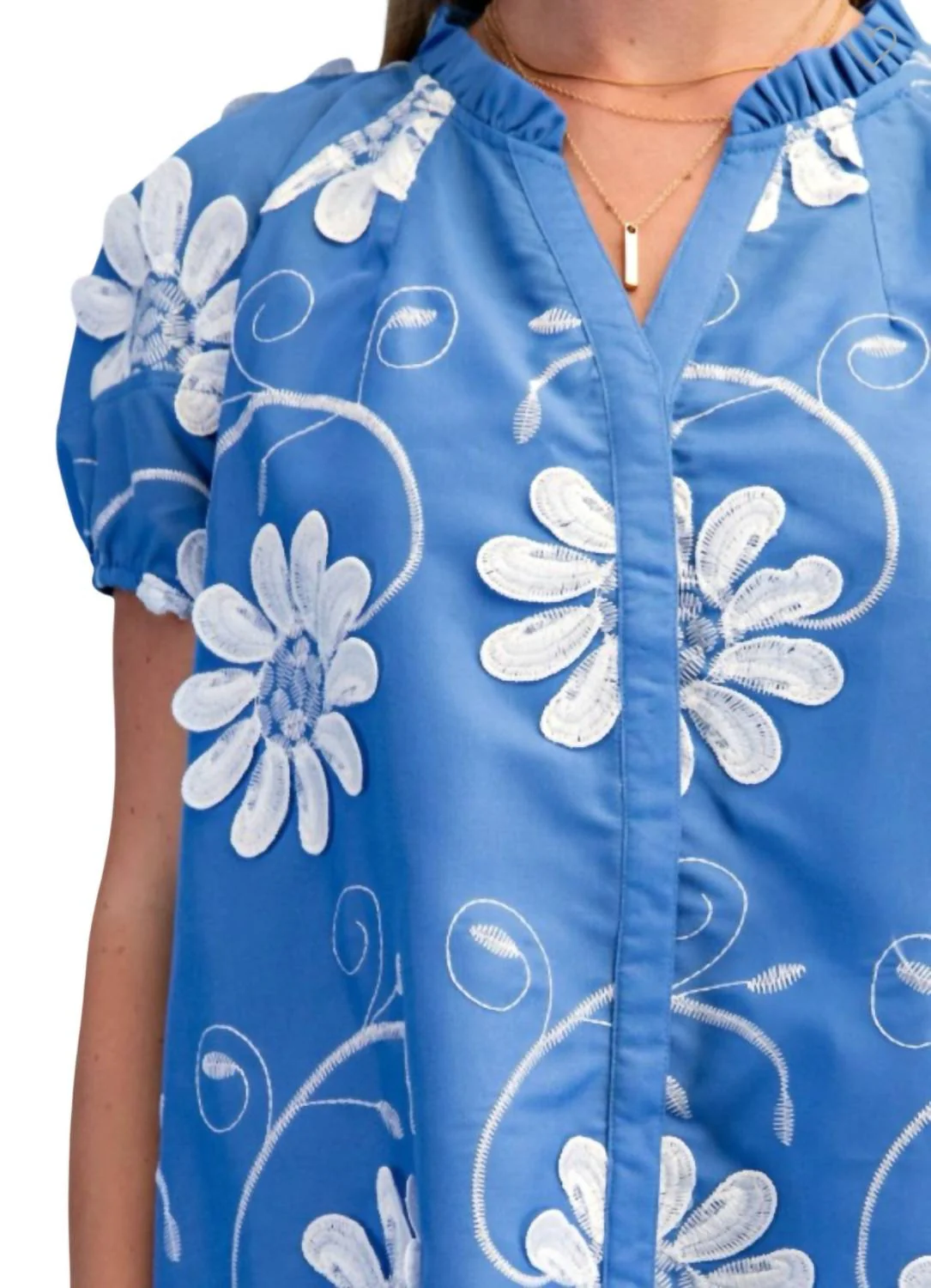 Floral Appliqué And Embroidered V-Neck Top In Blue White - Image 5