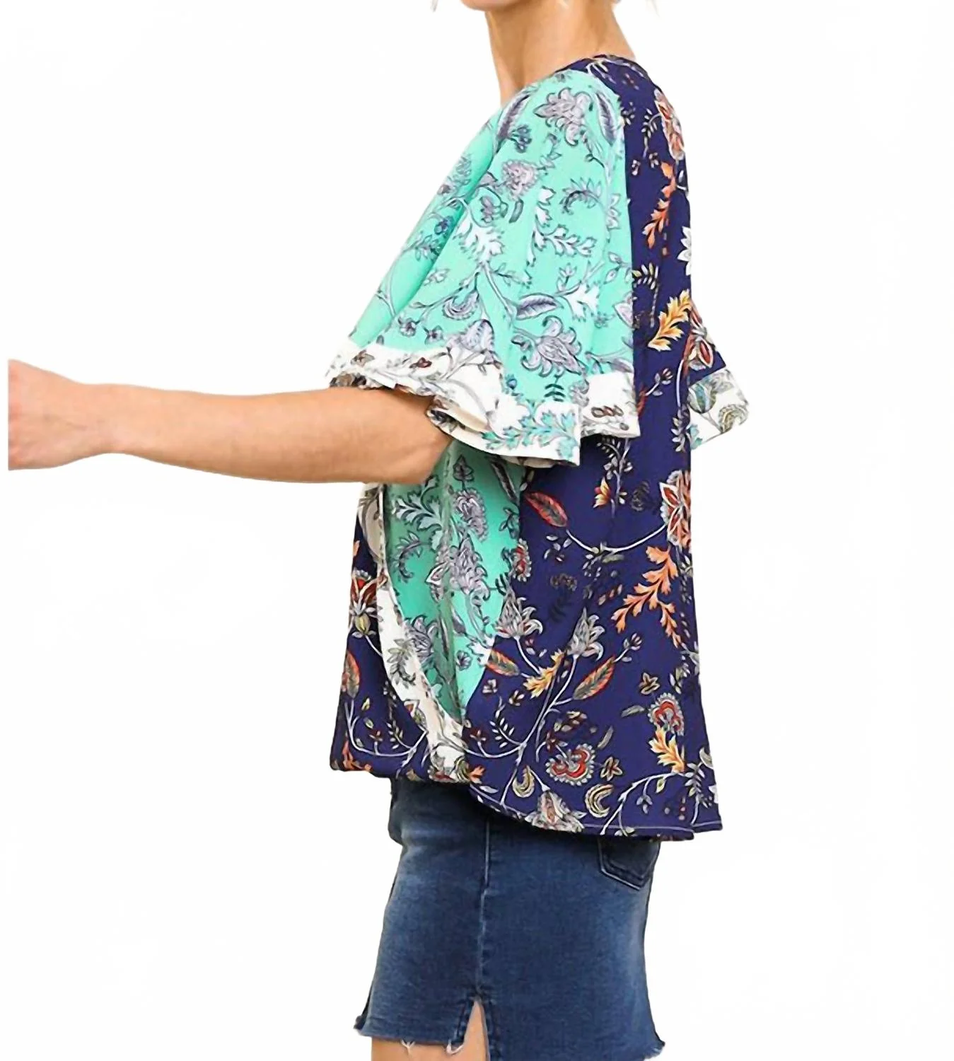 Floral Bell Sleeve Crossbody Top In Navy/mint - Image 3