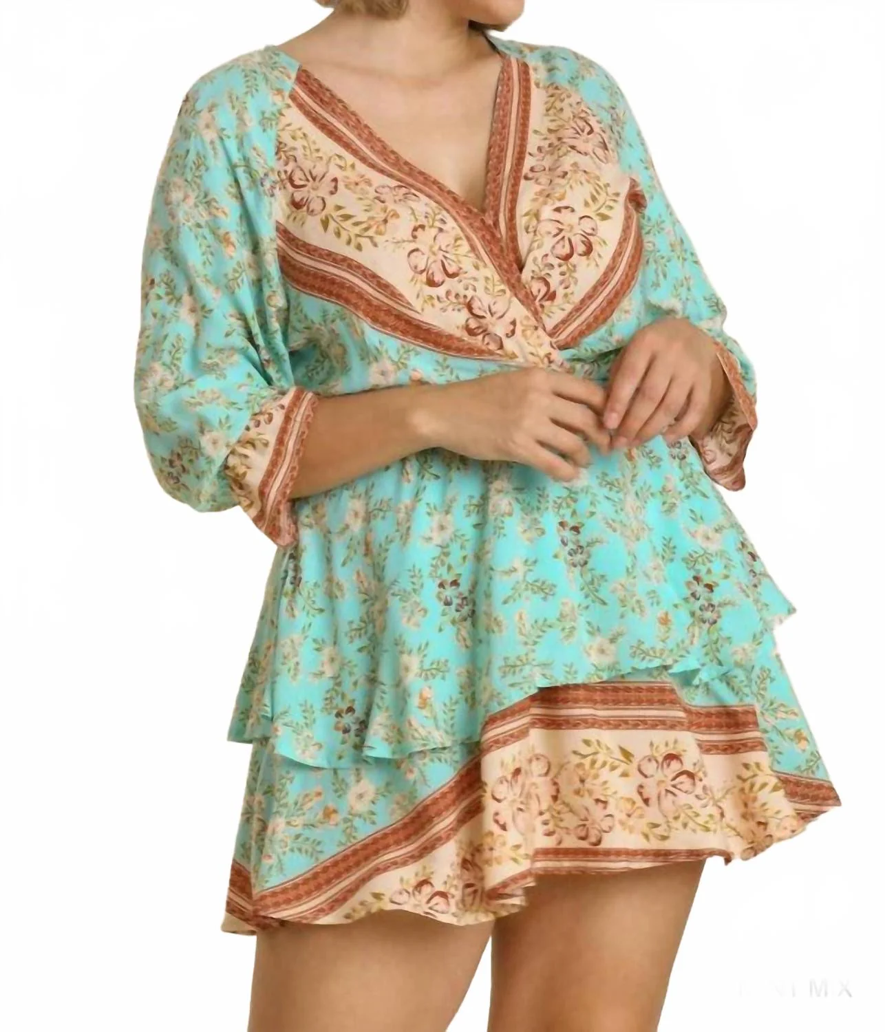 Floral Border Print Layered Dress In Mint