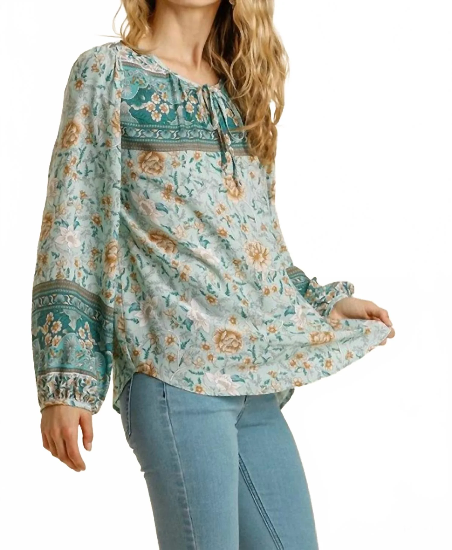Floral Border Print Top In Mint - Image 2