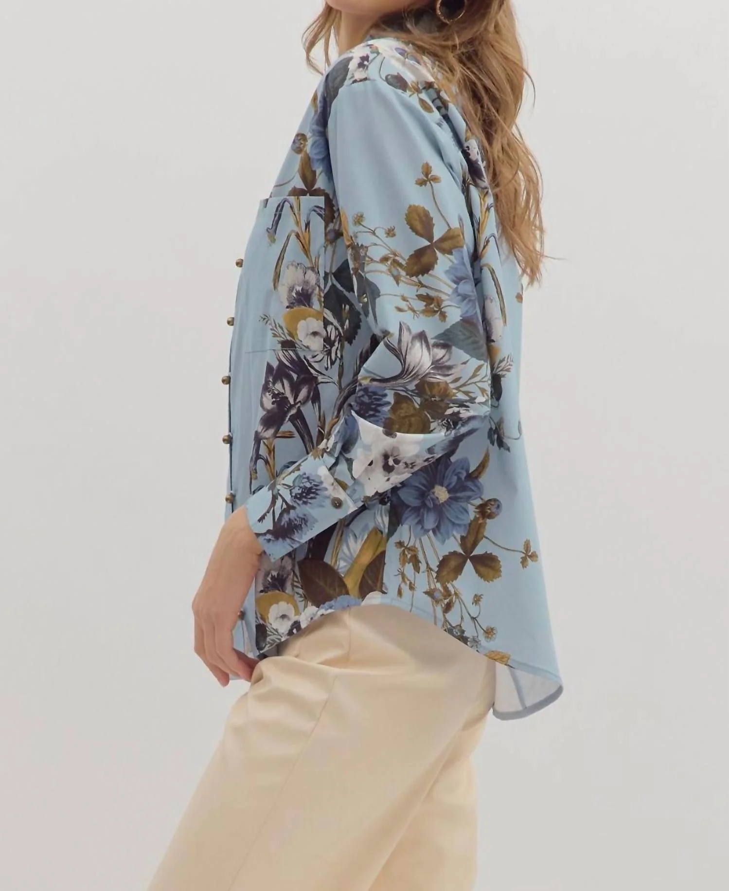 Floral Button Down Blouse In Blue - Image 3