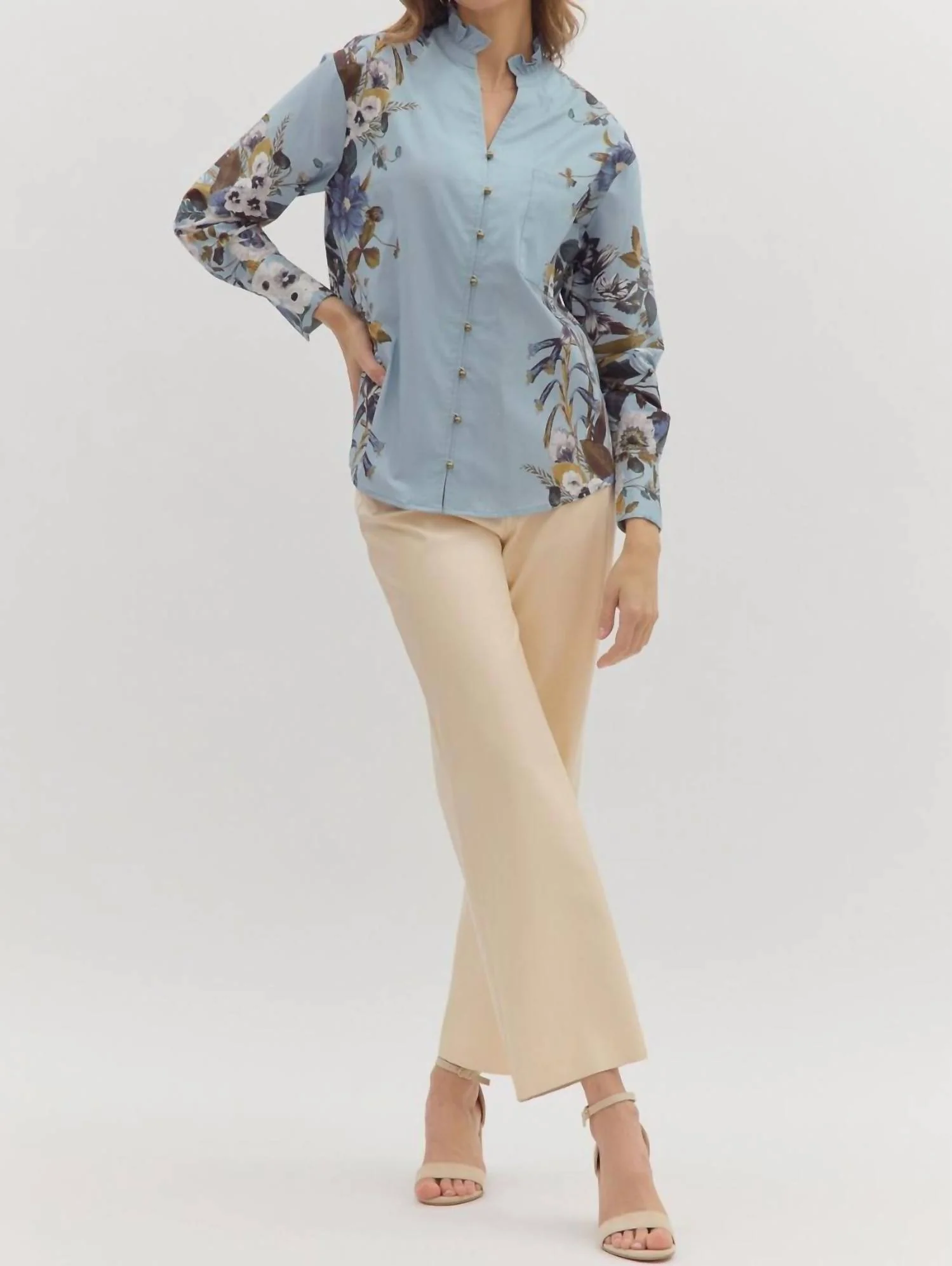Floral Button Down Blouse In Blue - Image 5