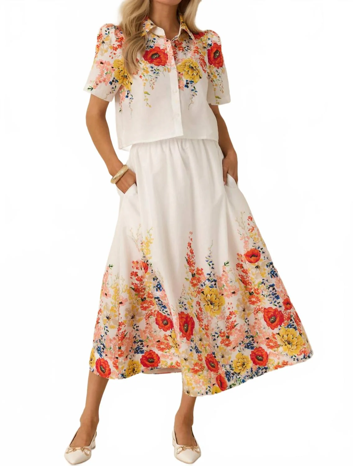 Floral Button Up Top With Skirt Set In White - Image 2