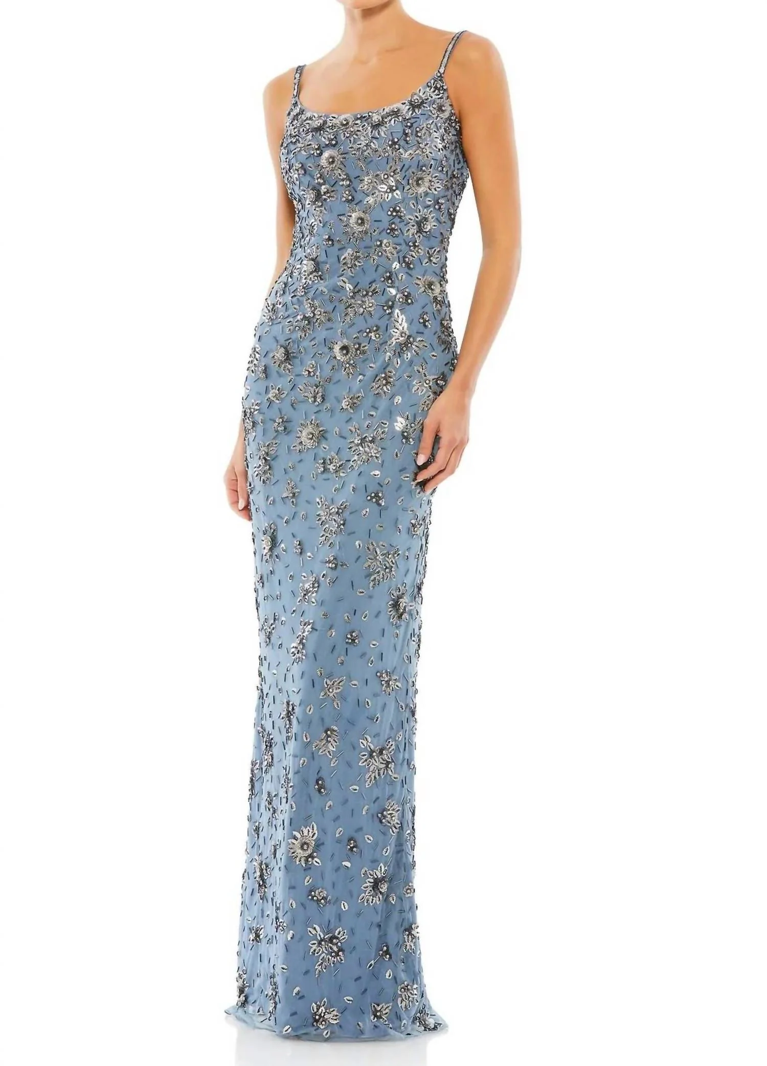 Floral Embellished Scoop Neck Evening Gown In Slate Grey
