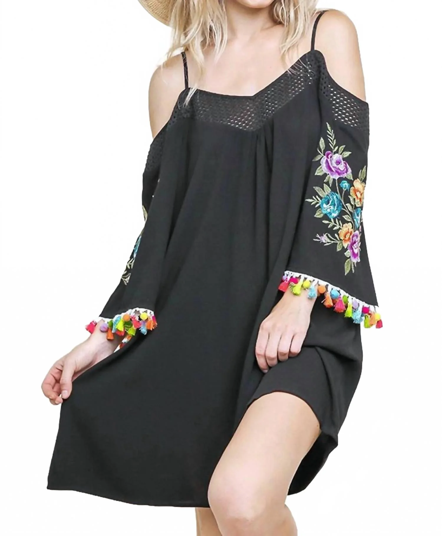 Floral Embroided Pom And Tassel Mini Dress In Black