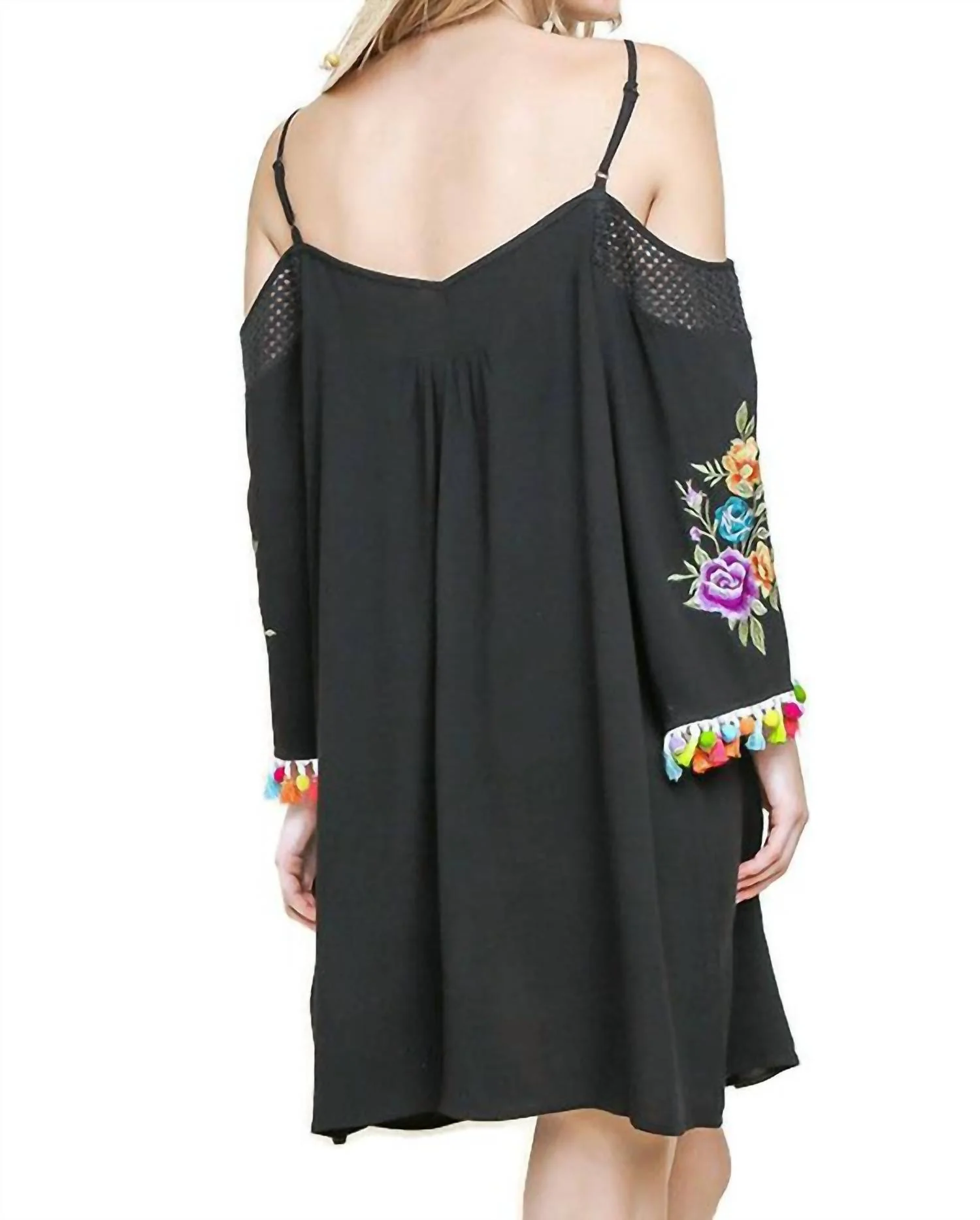 Floral Embroided Pom And Tassel Mini Dress In Black - Image 2