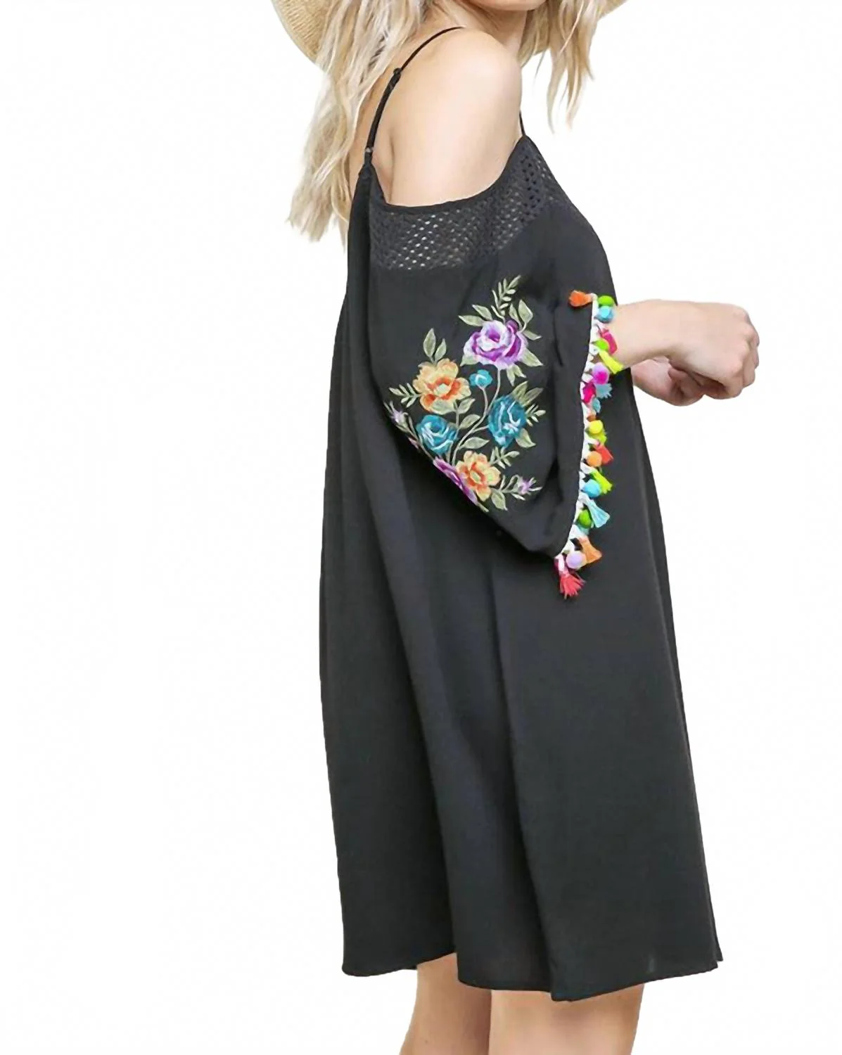 Floral Embroided Pom And Tassel Mini Dress In Black - Image 3