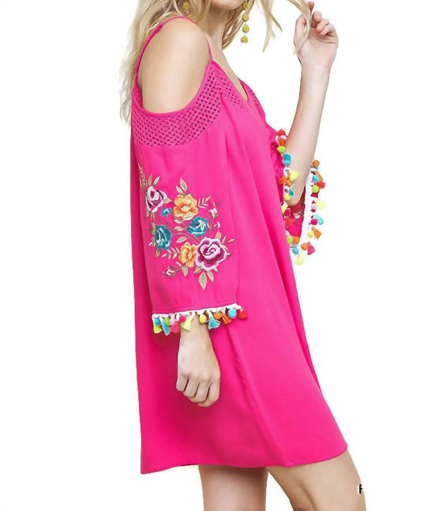 Floral Embroided Pom And Tassel Mini Dress In Pink - Image 4