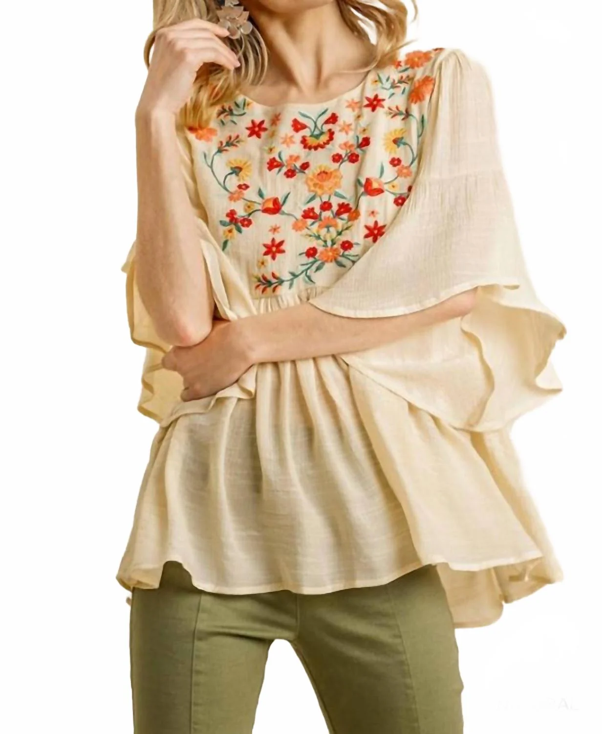 Floral Embroidered Babydoll Top In Natural