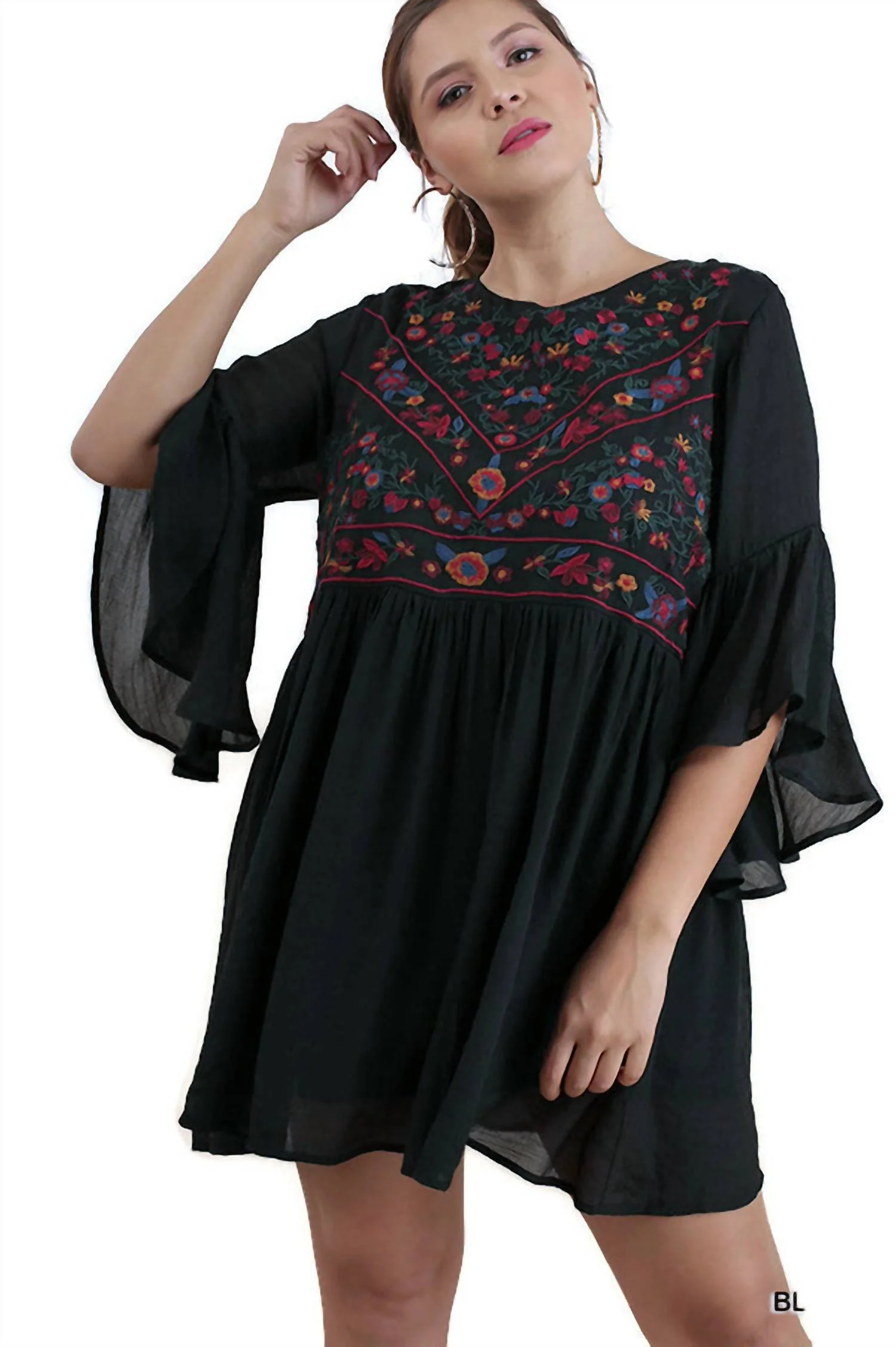 Floral Embroidered Keyhole Dress In Black