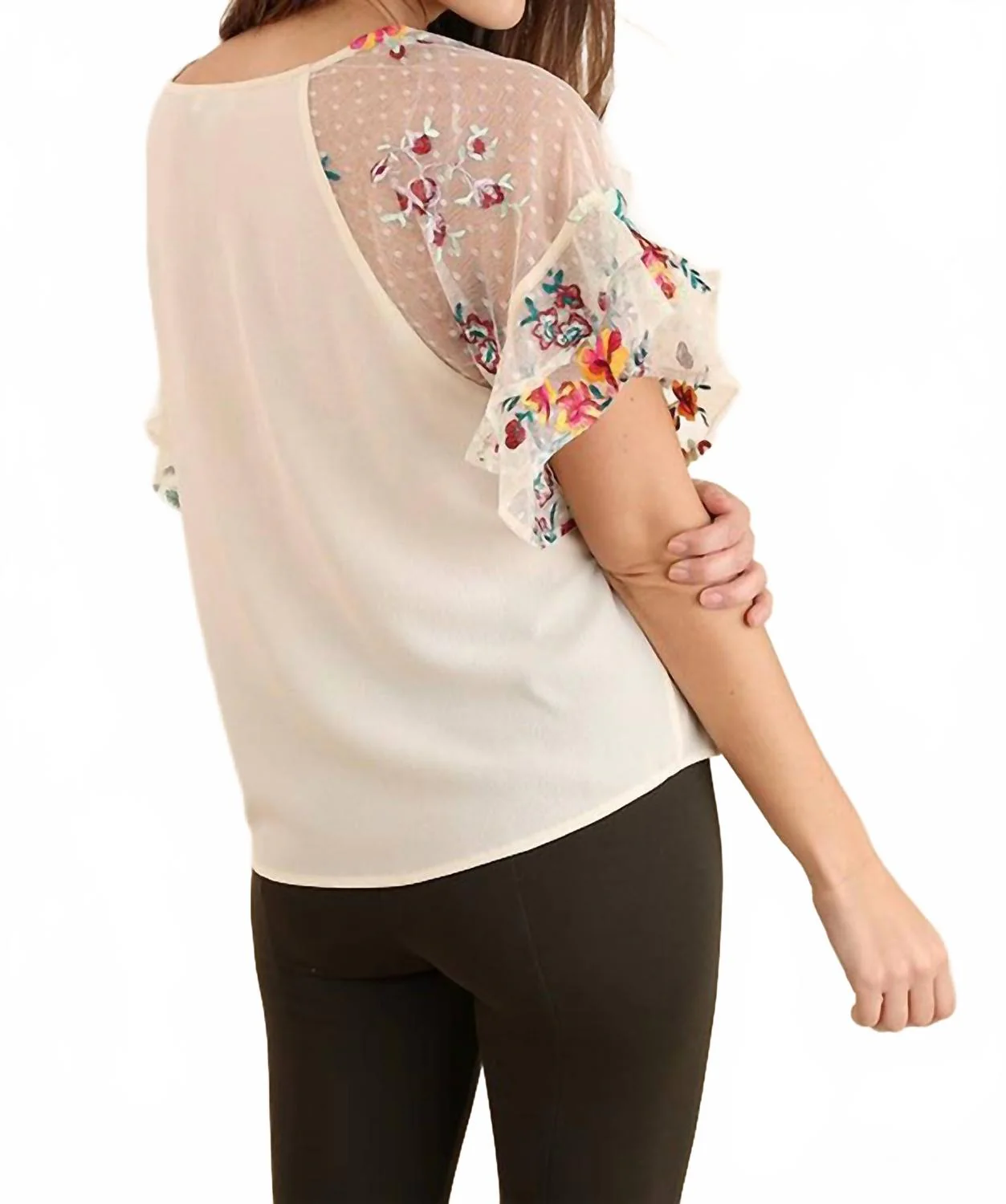 Floral Embroidered Layered & Ruffled Sleeve Top In Natural - Image 4
