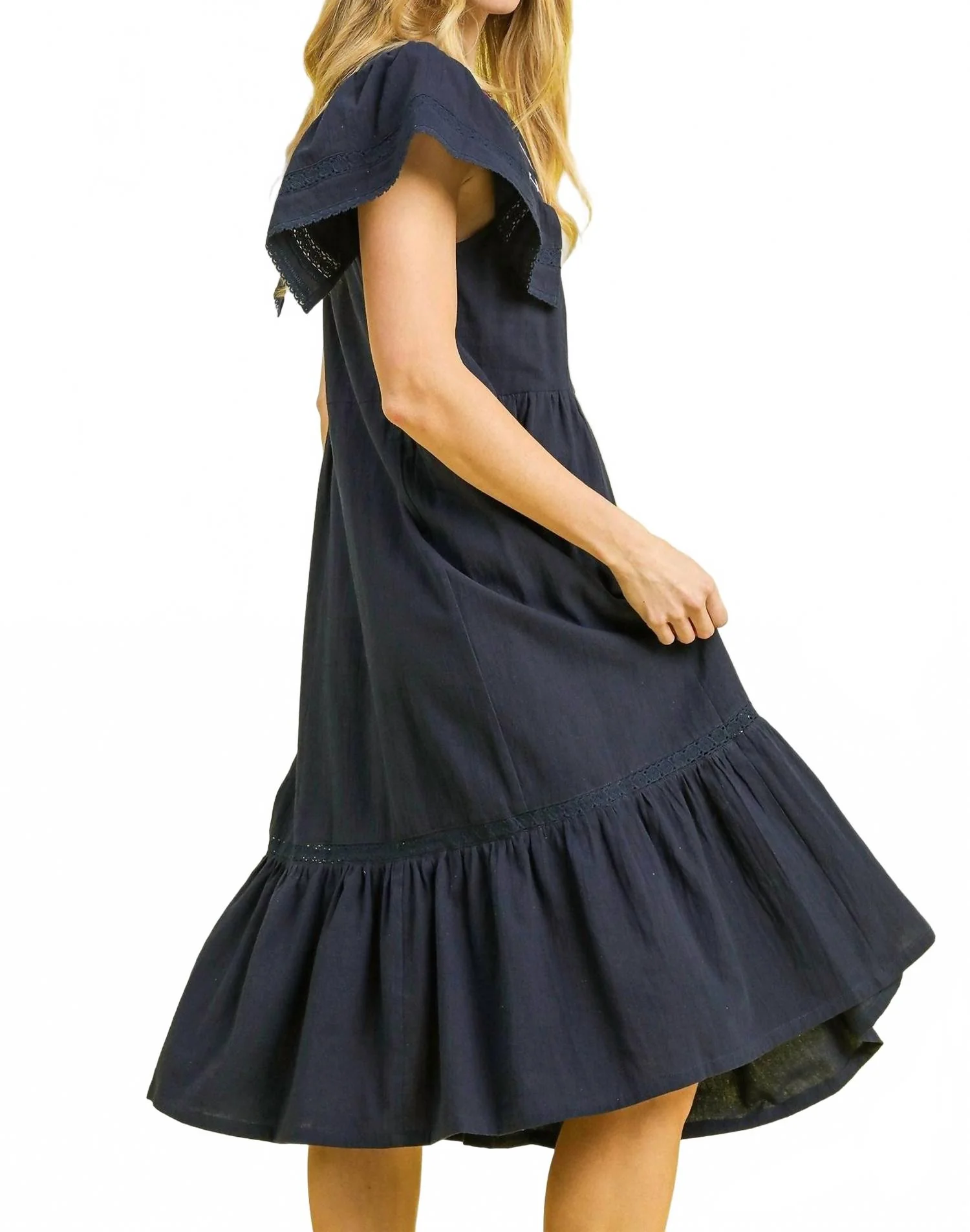Floral Embroidered Midi Dress In Navy - Image 2