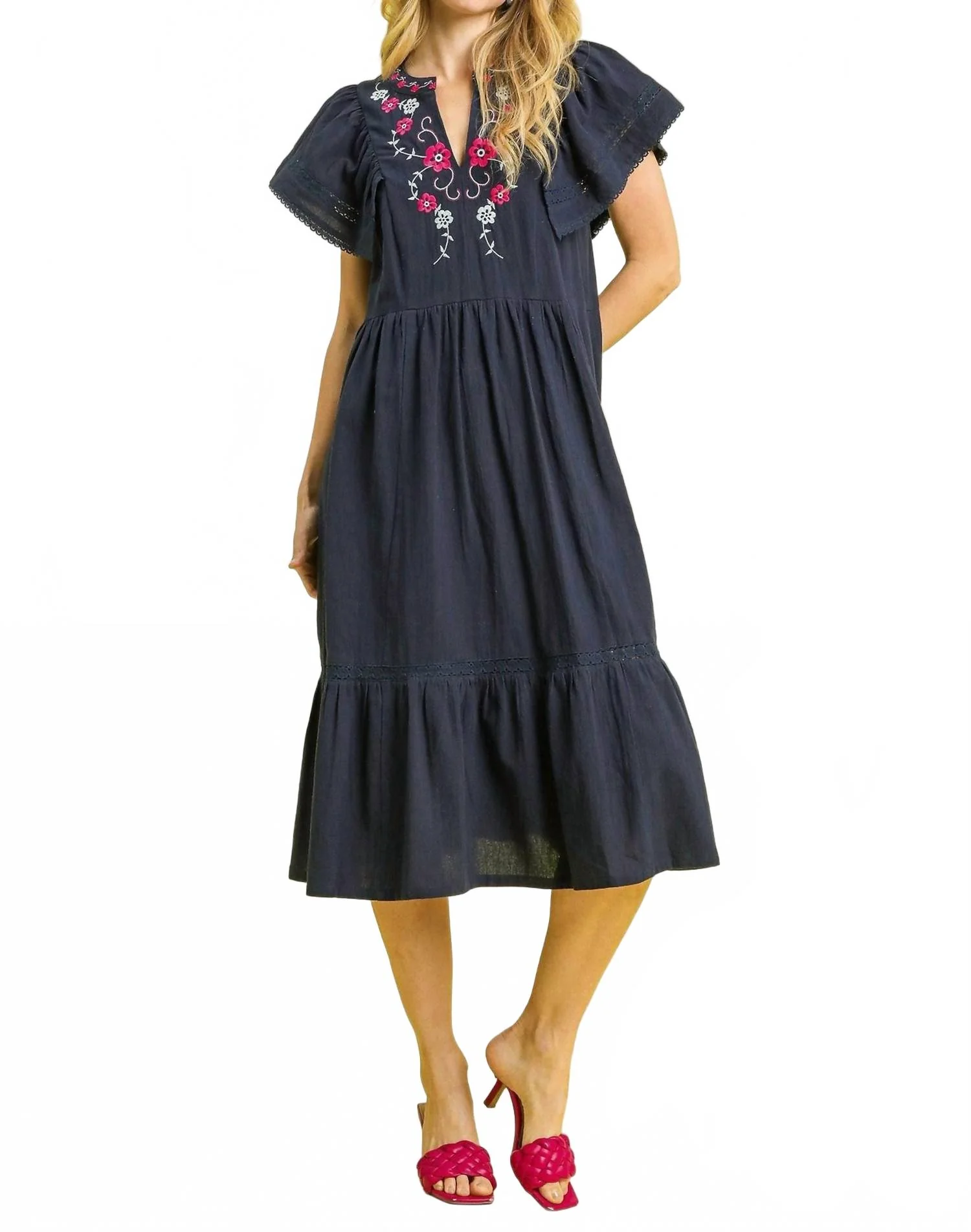 Floral Embroidered Midi Dress In Navy - Image 3