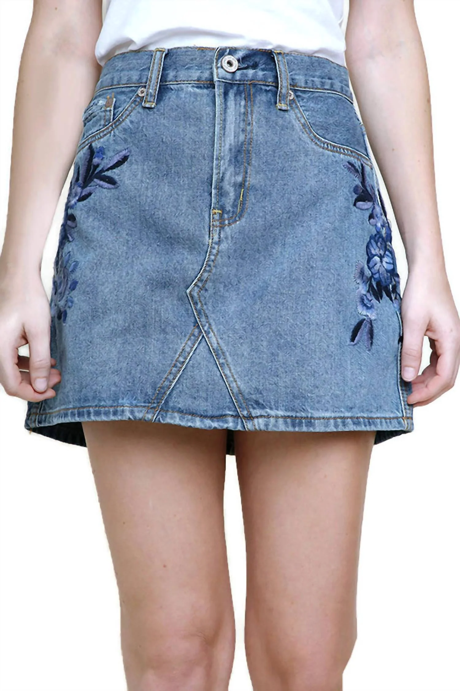 Floral Embroidered Mini Skirt In Light Denim