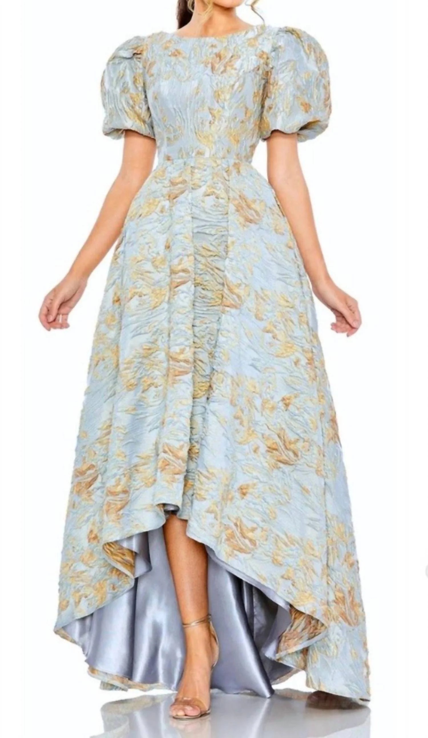 Floral Jacquard High Low Evening Gown In Blue And Gold