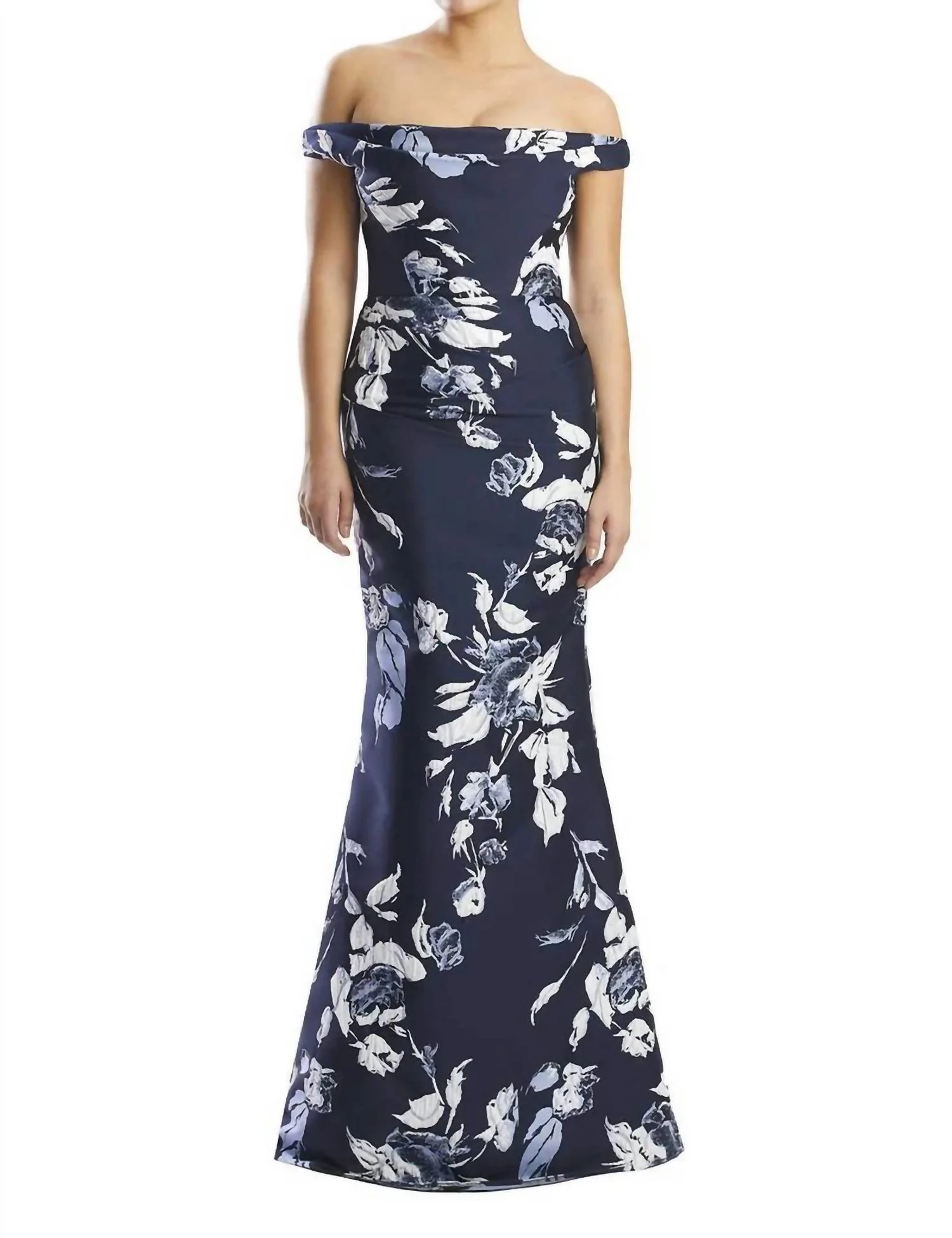 Floral Jacquard Off Shoulder Gown In Navy Multi