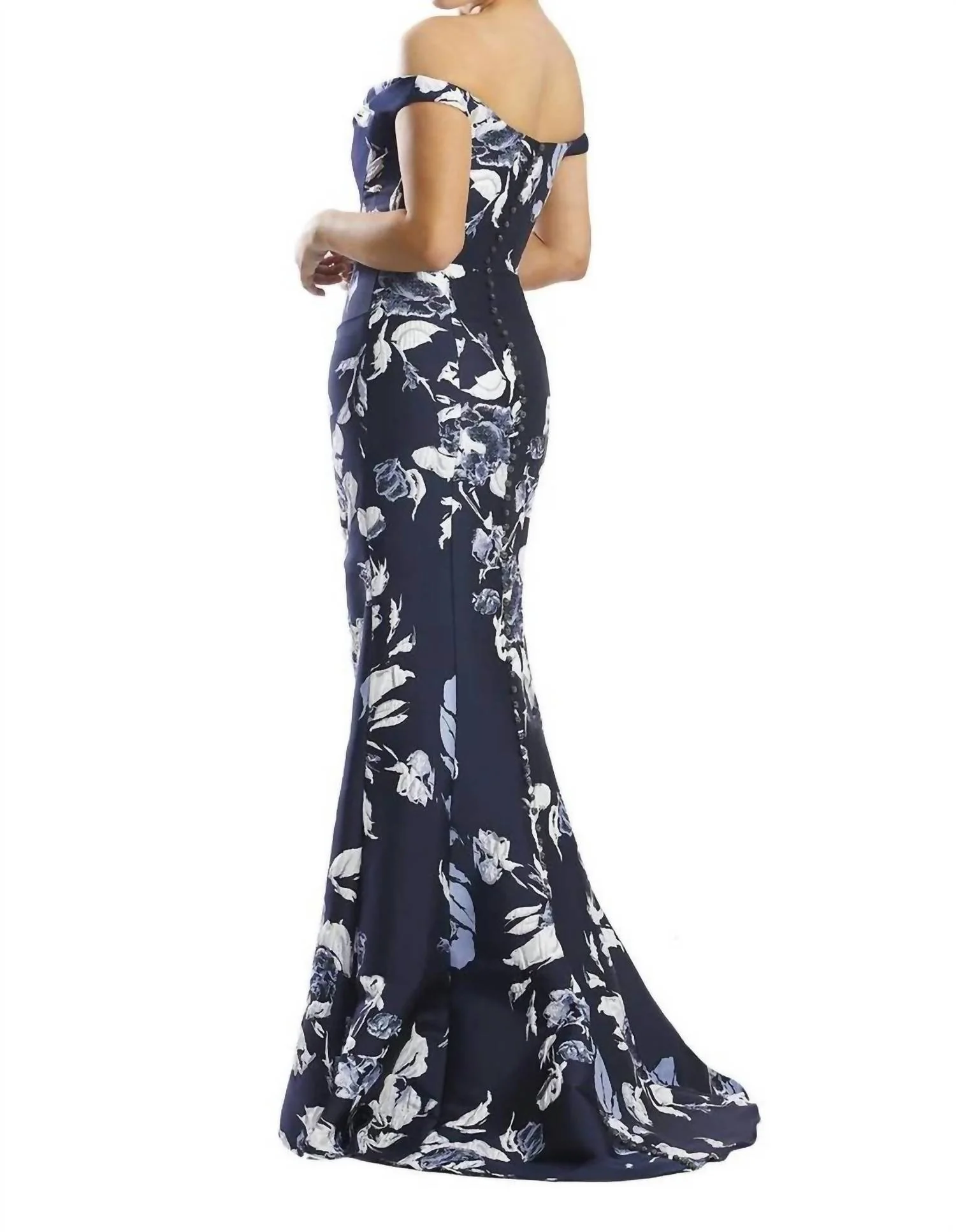 Floral Jacquard Off Shoulder Gown In Navy Multi - Image 2