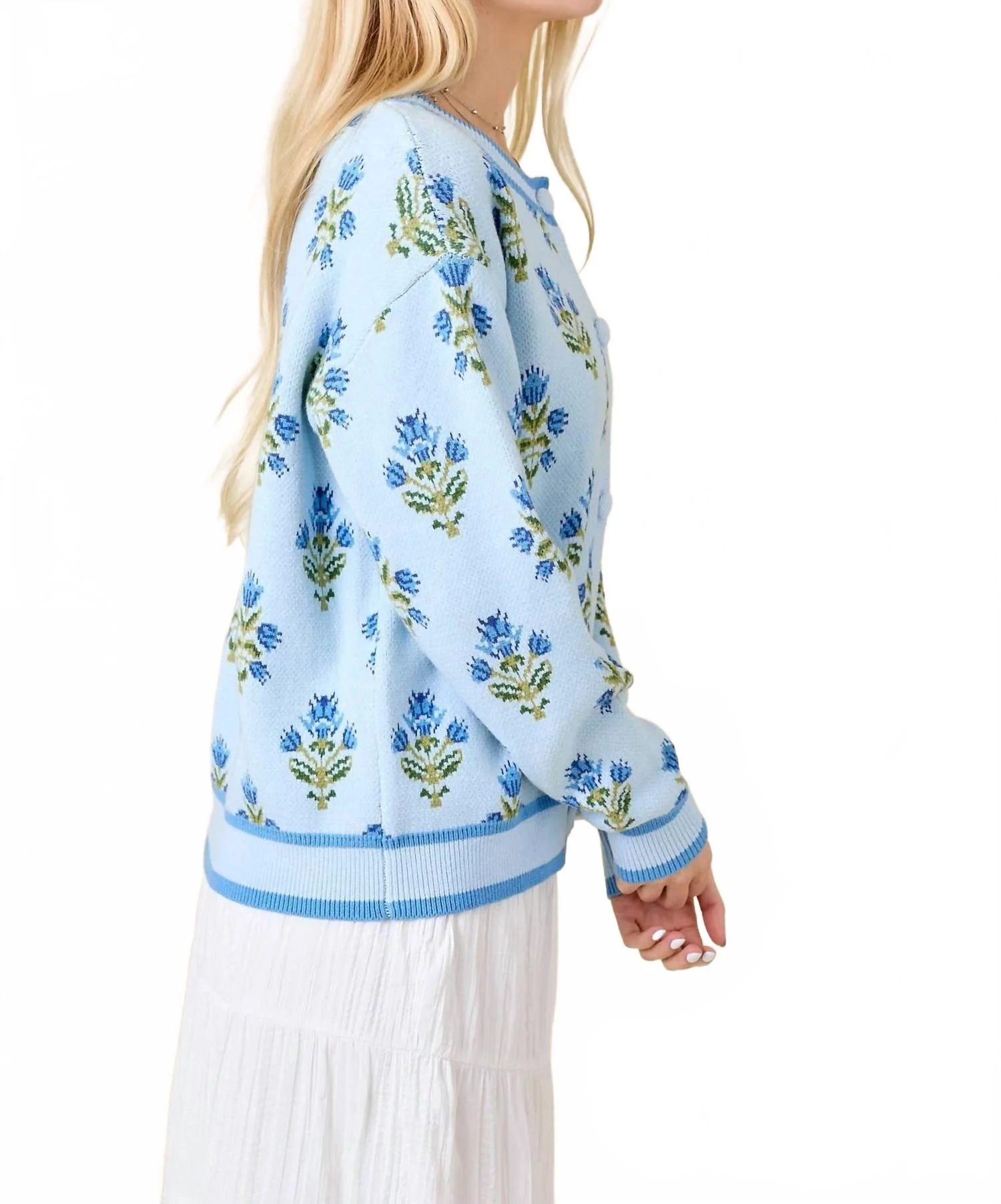 Floral Jacquard Sweater Knit Cardigan Top In Light Blue - Image 2