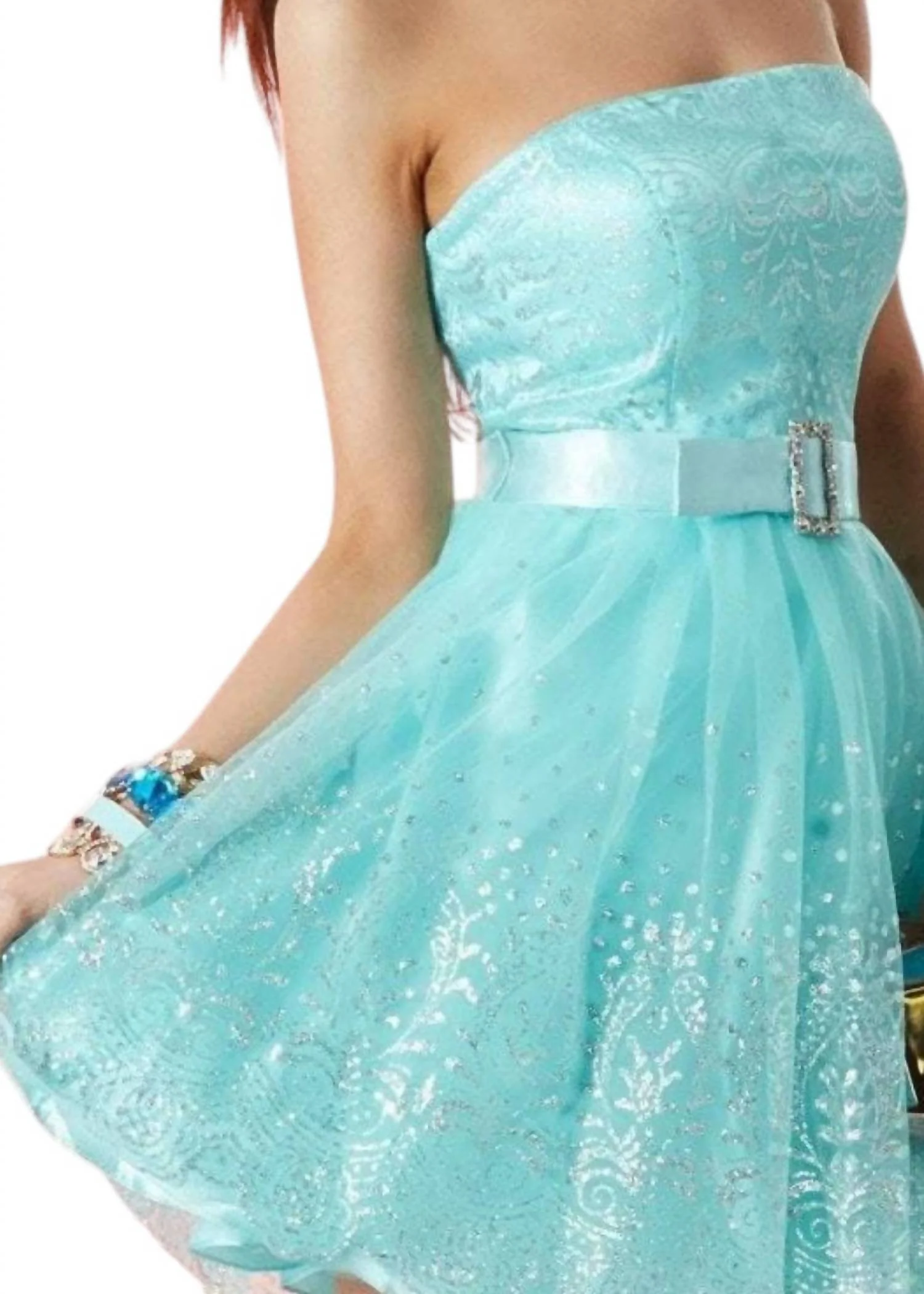 Floral Lace Strapless A-Line Short Prom Dress In Aqua/silver - Image 2