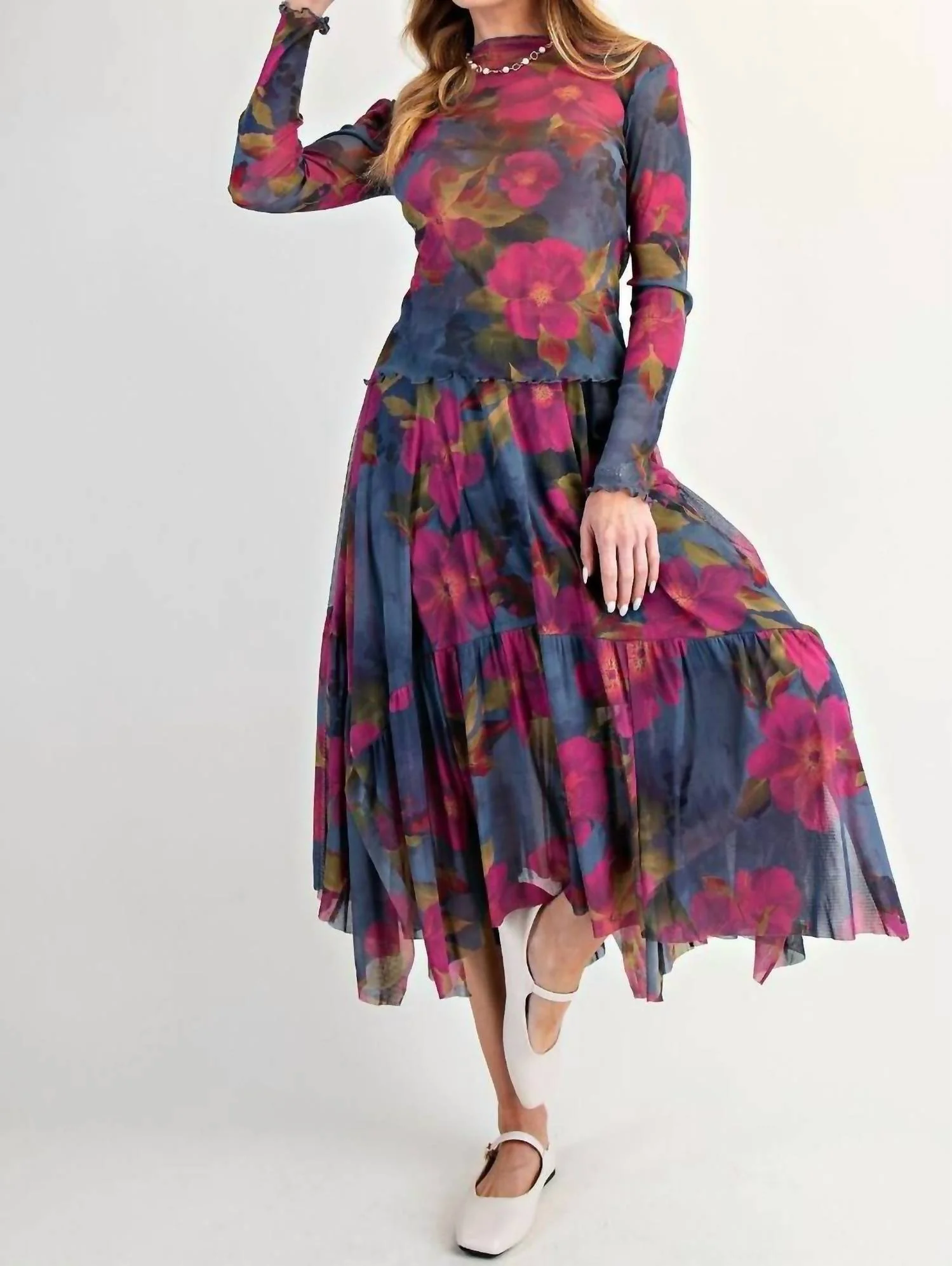 Floral Mesh Fitted Top In Indigo Magenta - Image 3