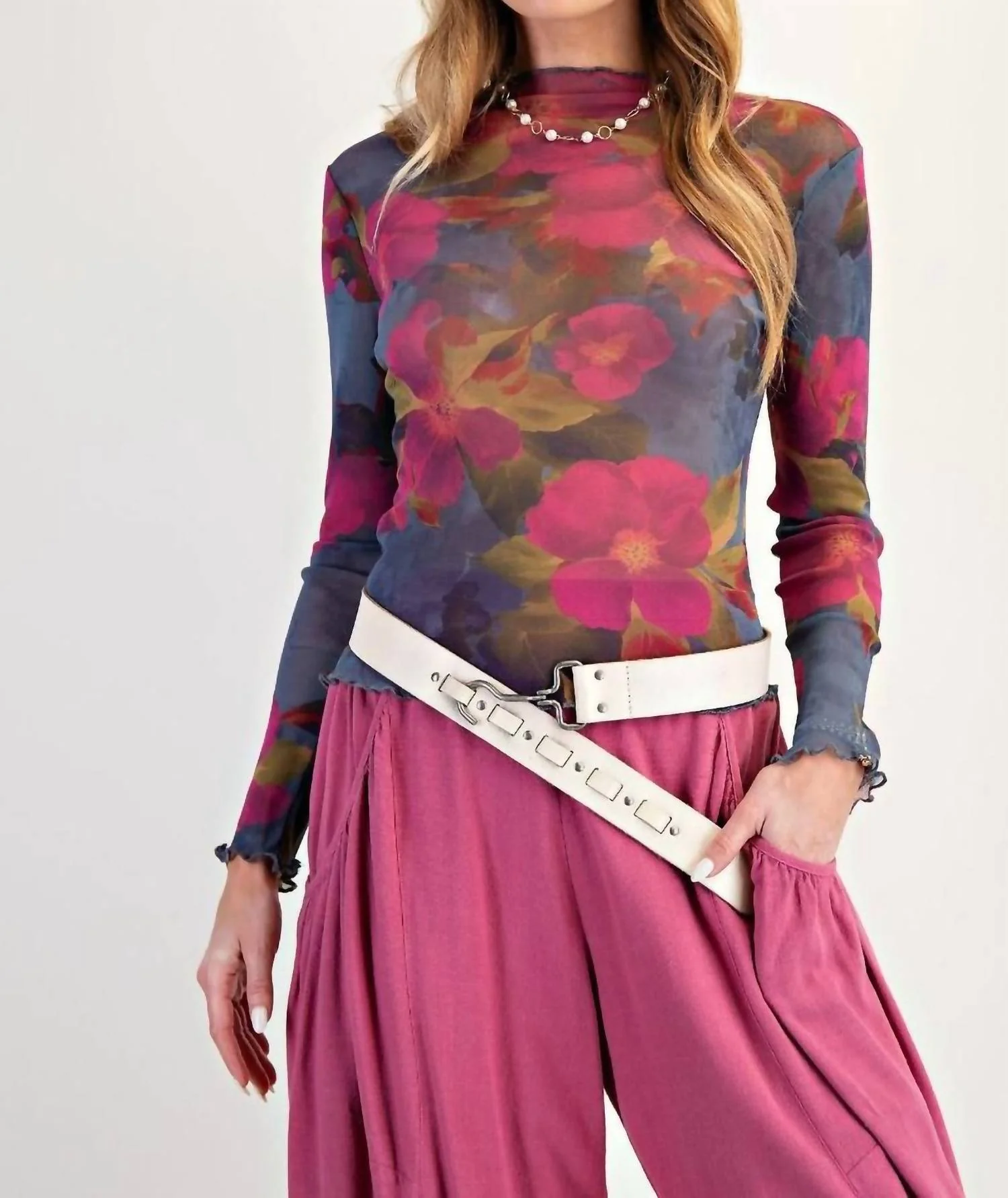 Floral Mesh Fitted Top In Indigo Magenta - Image 5
