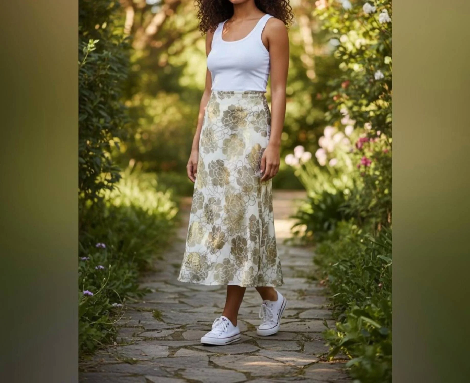 Floral Midi Skirt In Gold/cream