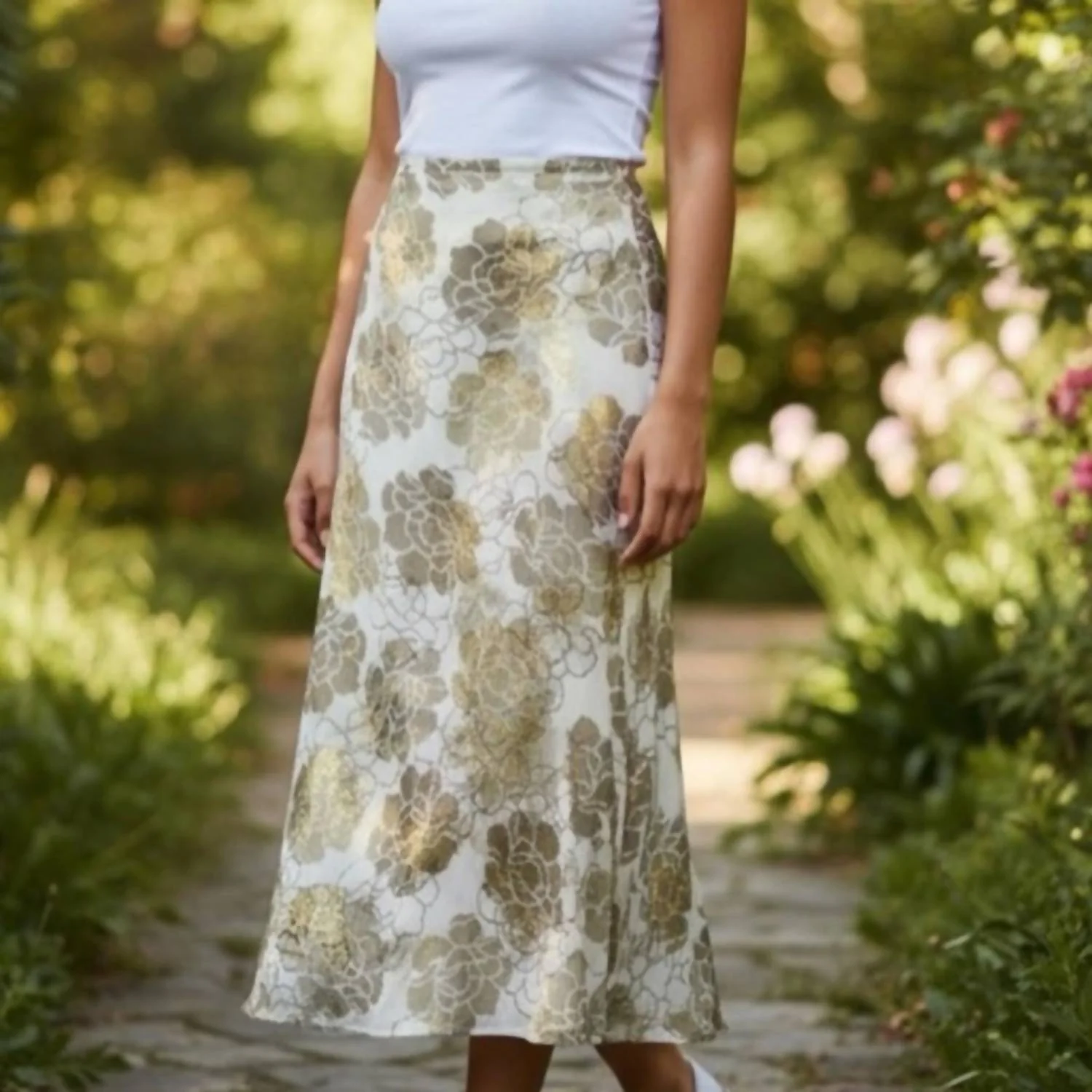 Floral Midi Skirt In Gold/cream - Image 3
