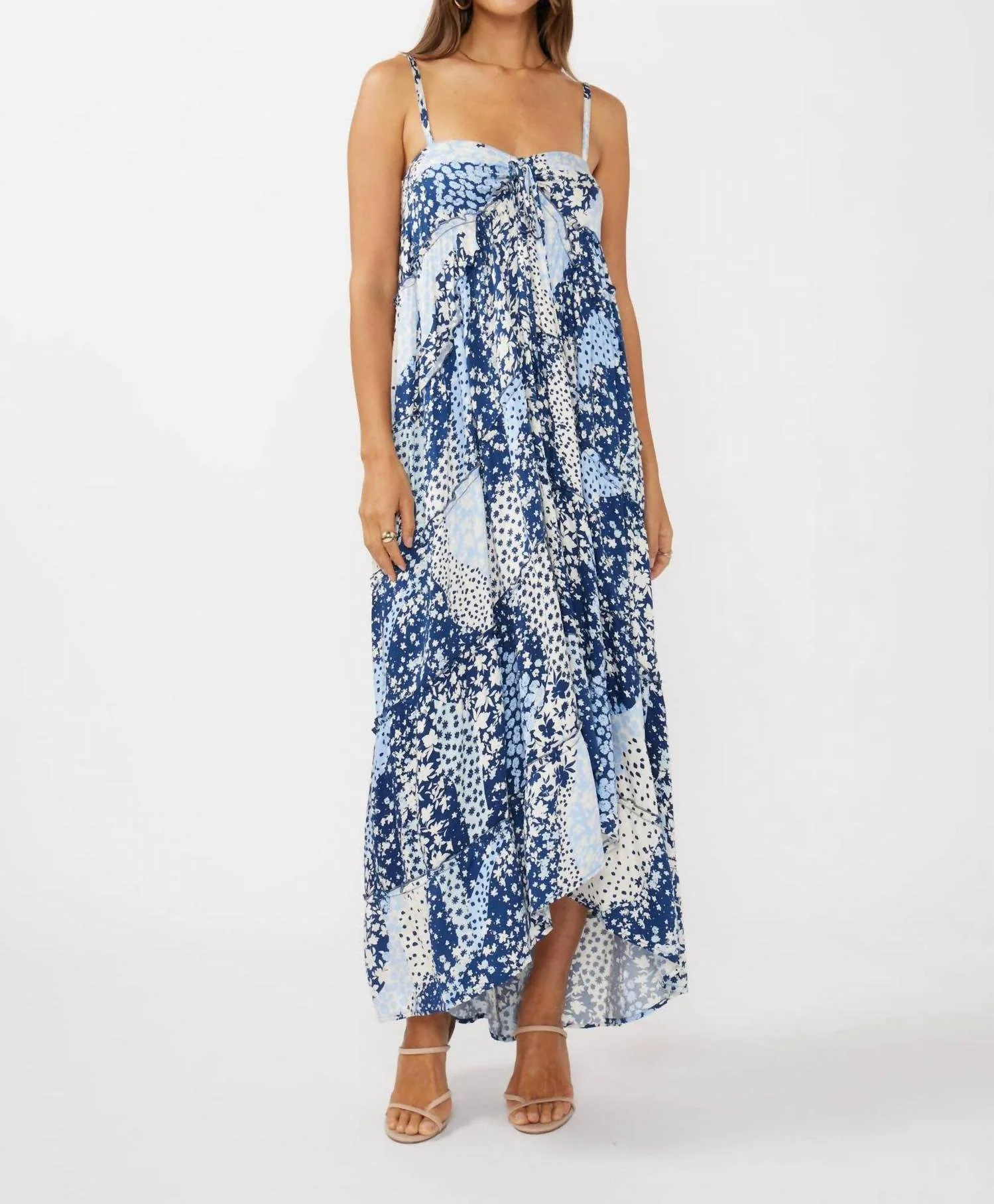 Floral Patchwork Tie Front Maxi Dress In Navy / Dusty Blue