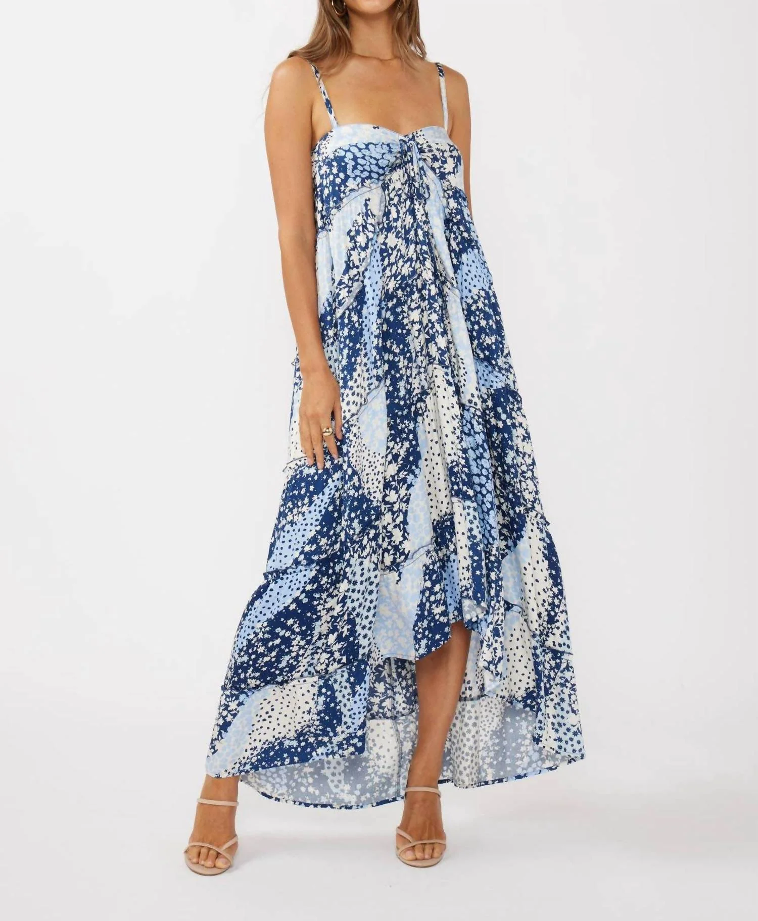 Floral Patchwork Tie Front Maxi Dress In Navy / Dusty Blue - Image 5