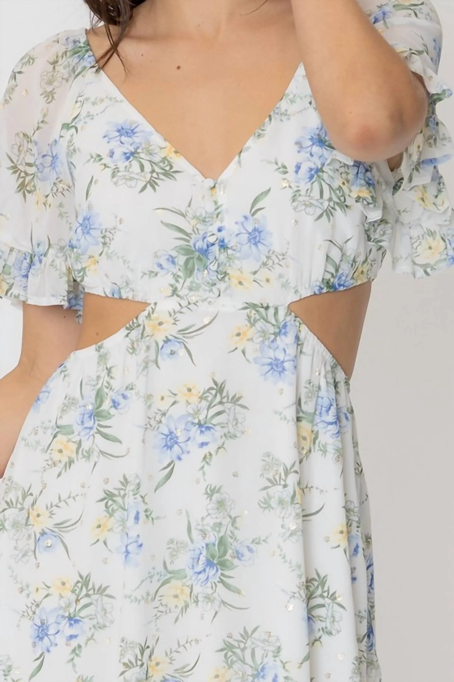 Floral Print Cut Out Mini Dress In Ivory Multi - Image 3