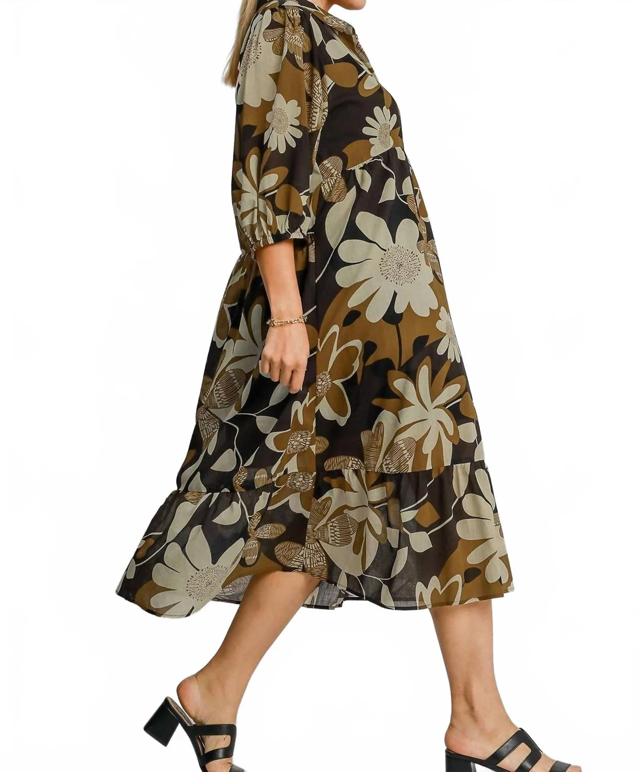 Floral Print Midi Dress In Camel Mix - Image 2