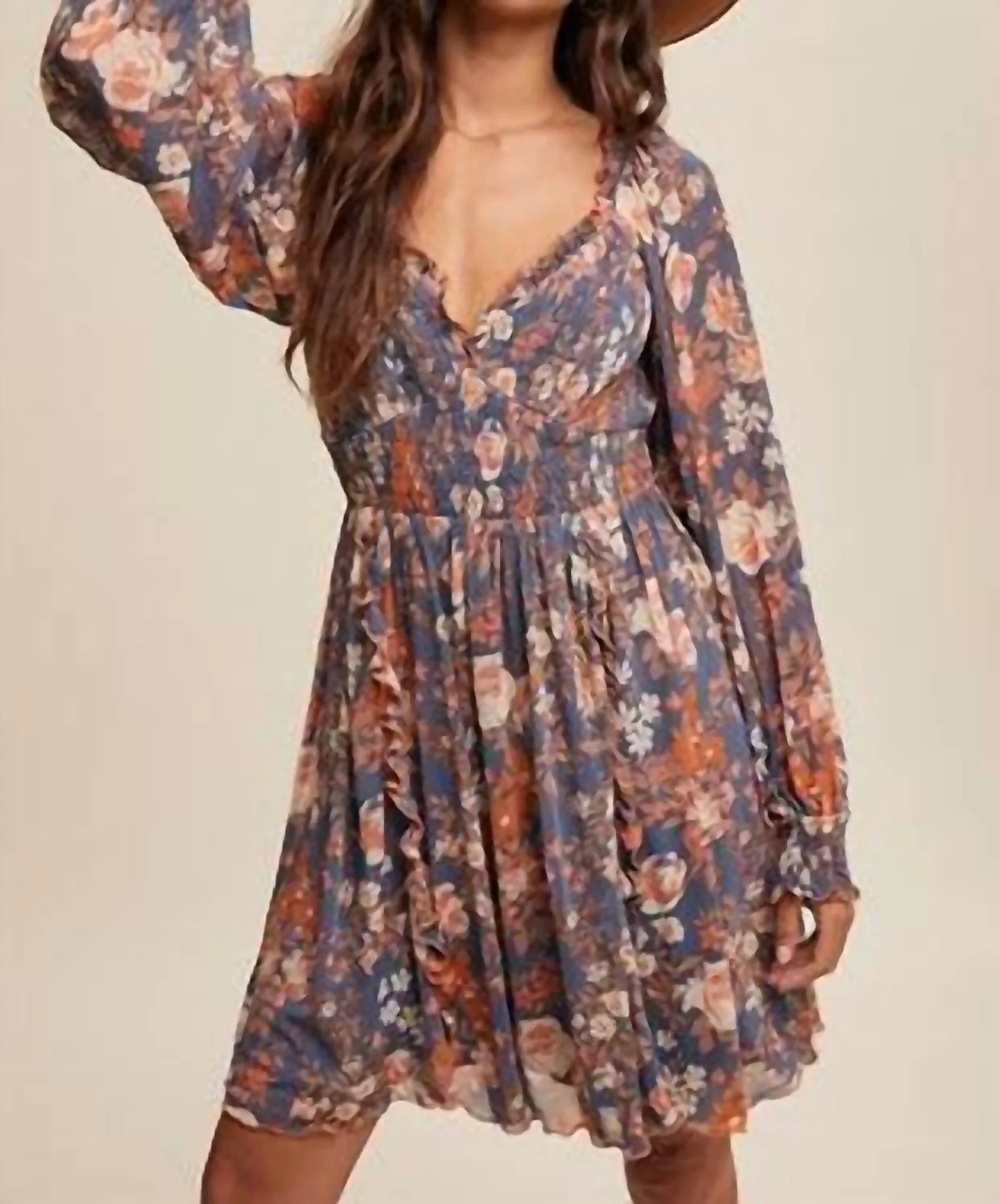 Floral Print Smocked Long Sleeve Dress In Blue
