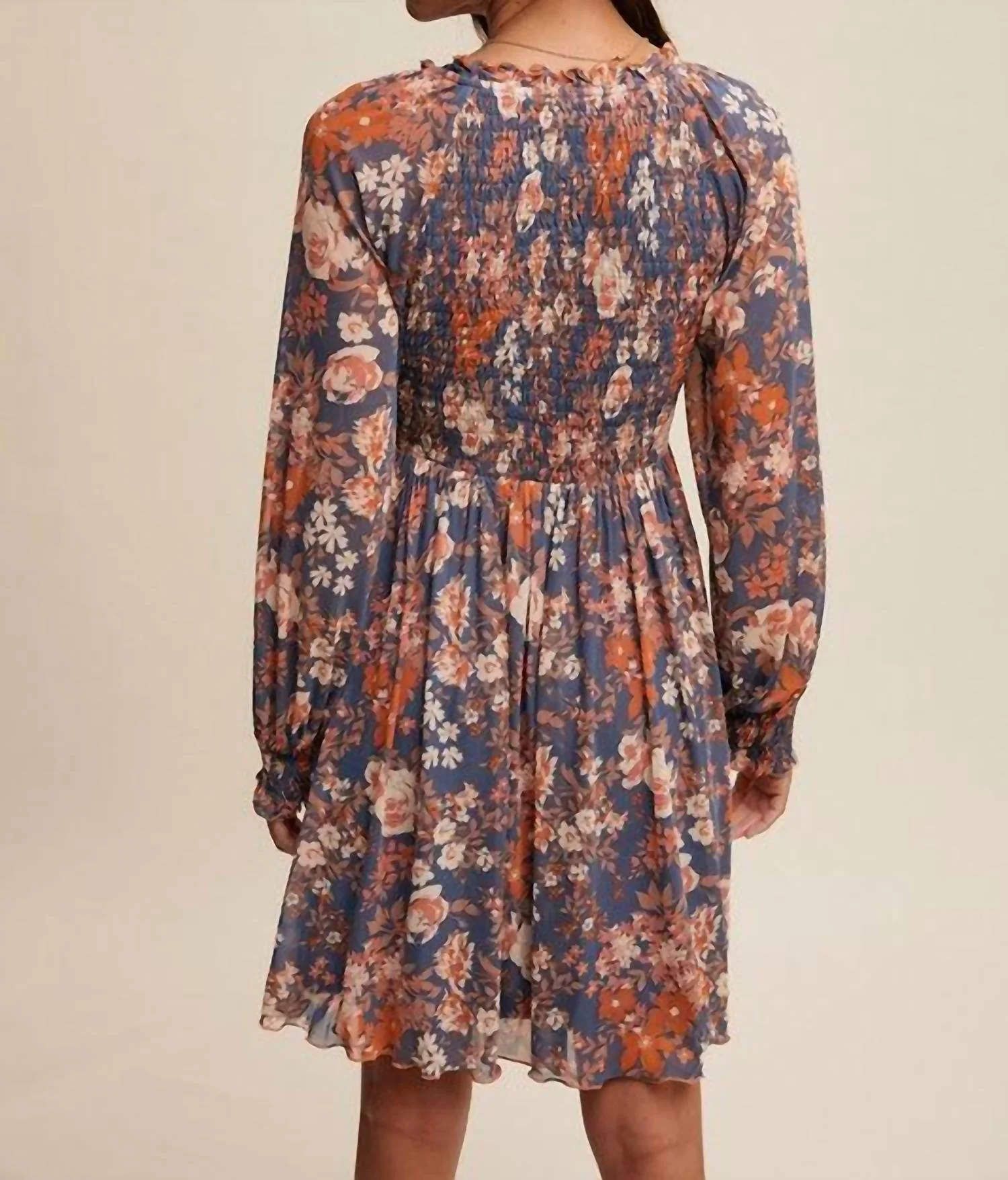 Floral Print Smocked Long Sleeve Dress In Blue - Image 2