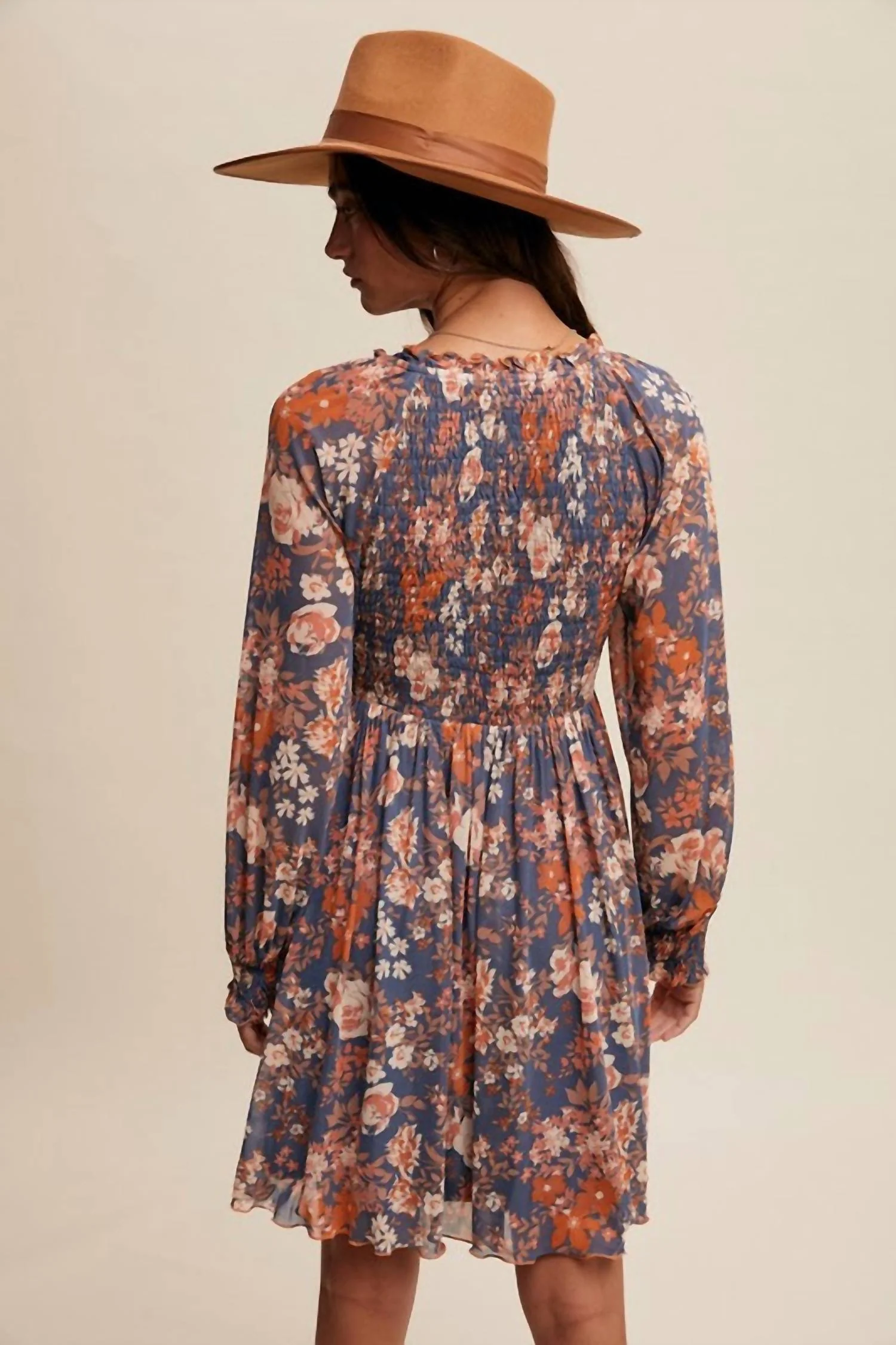Floral Print Smocked Long Sleeve Dress In Blue - Image 3