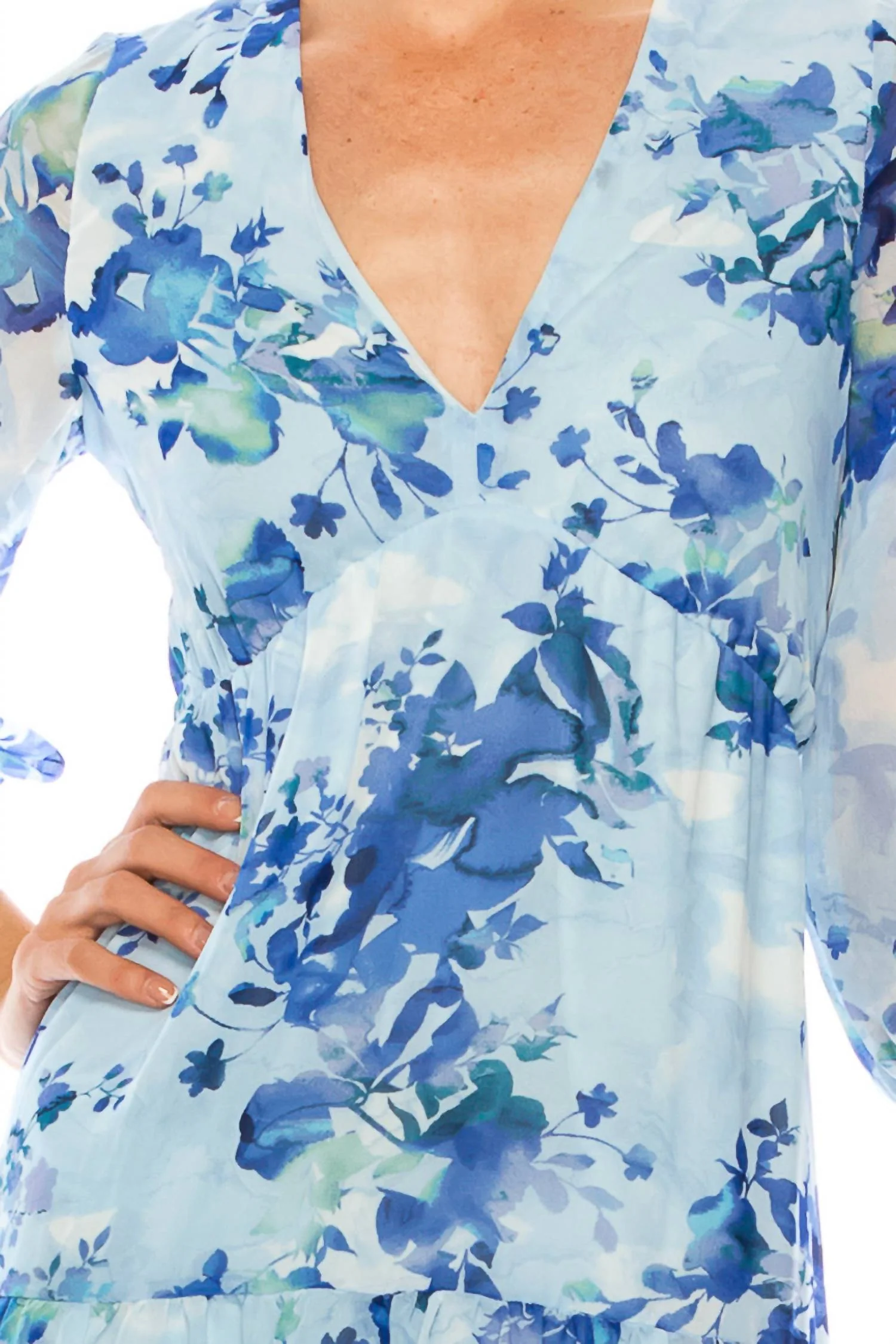 Floral Print Three Fourth Sleeve Tiered Maxi Dress In Ivory Aqua - Image 3