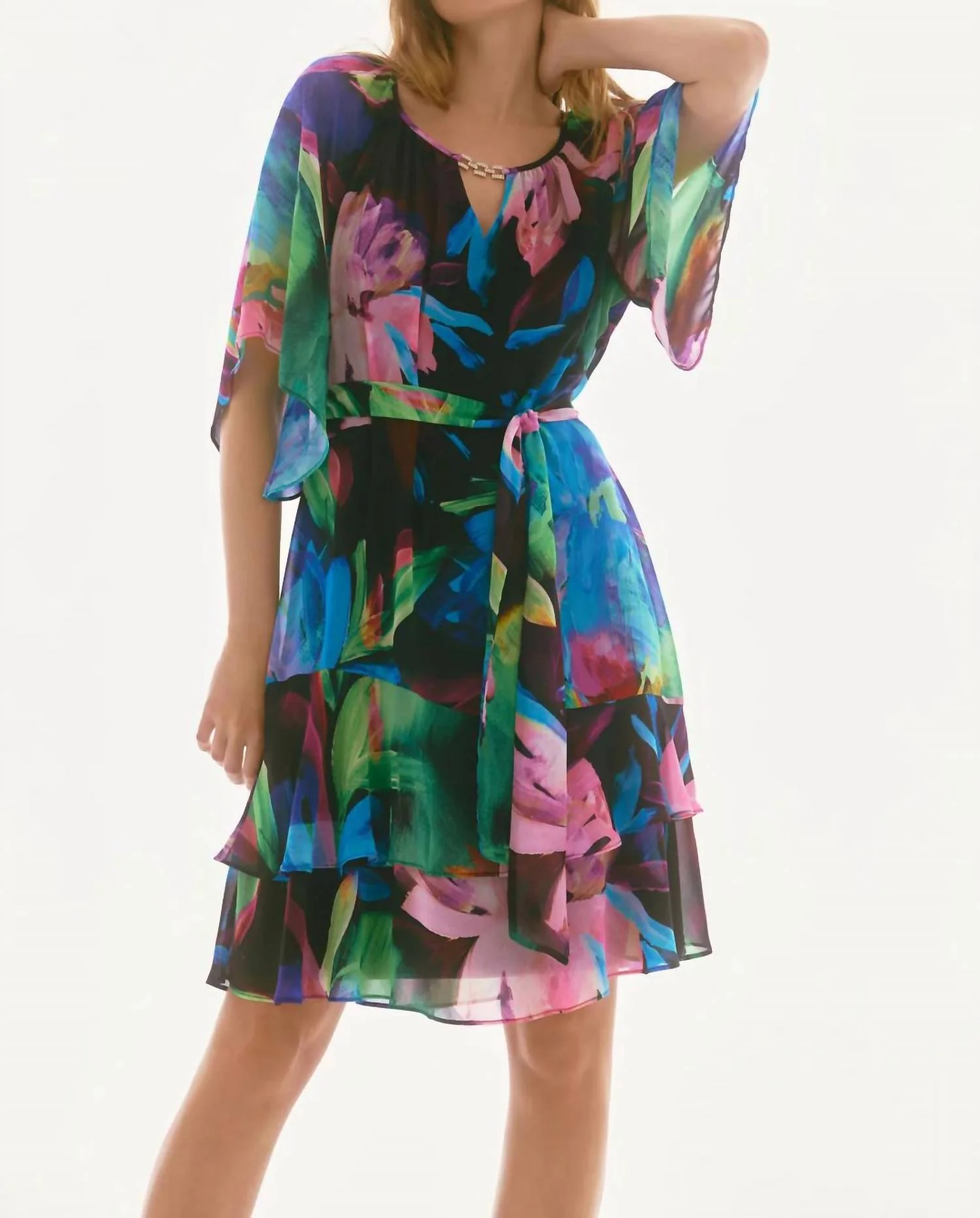 Floral Print Tiered Ruffle Chiffon Dress In Black/multi - Image 3