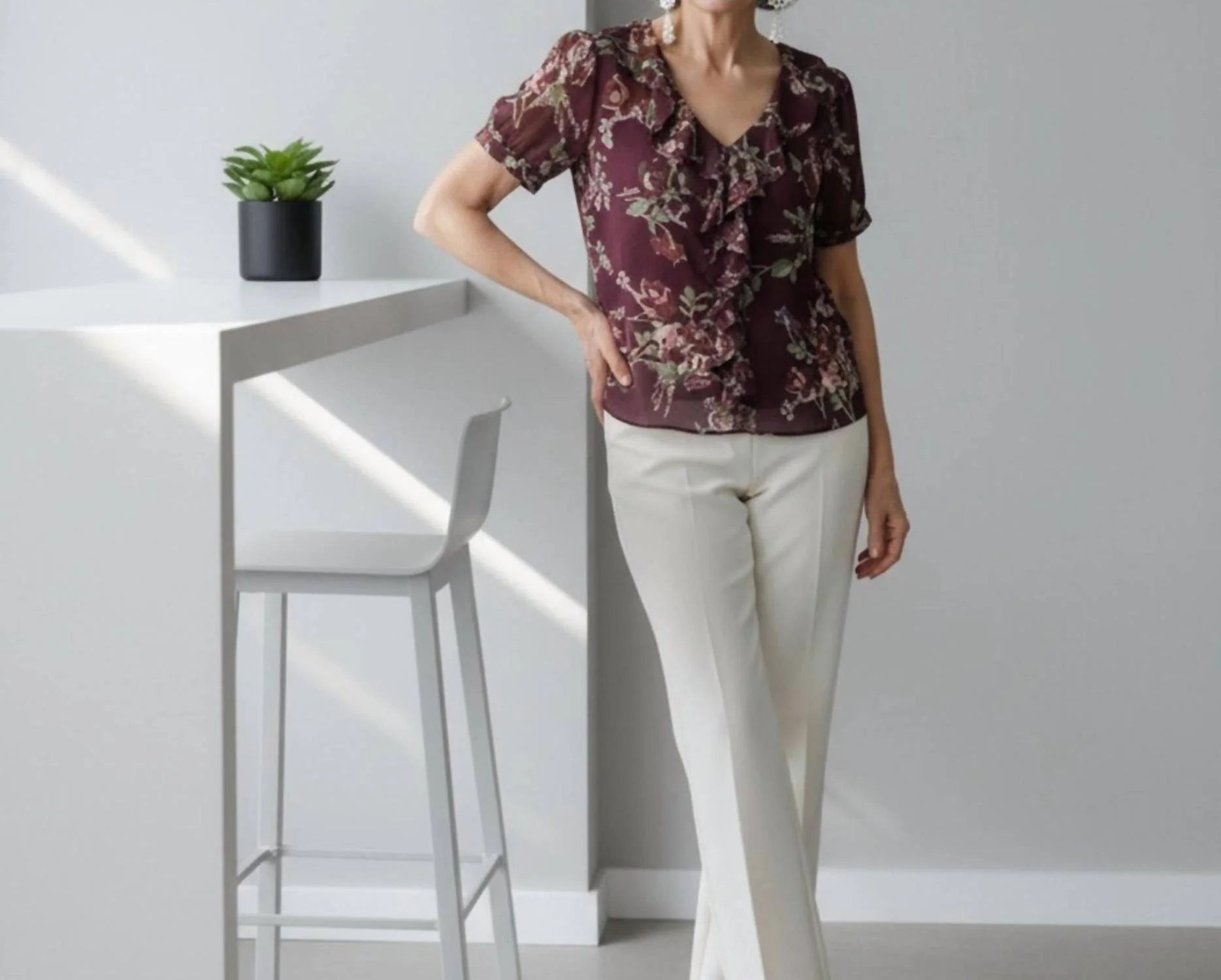 Floral Ruffle Blouse In Red