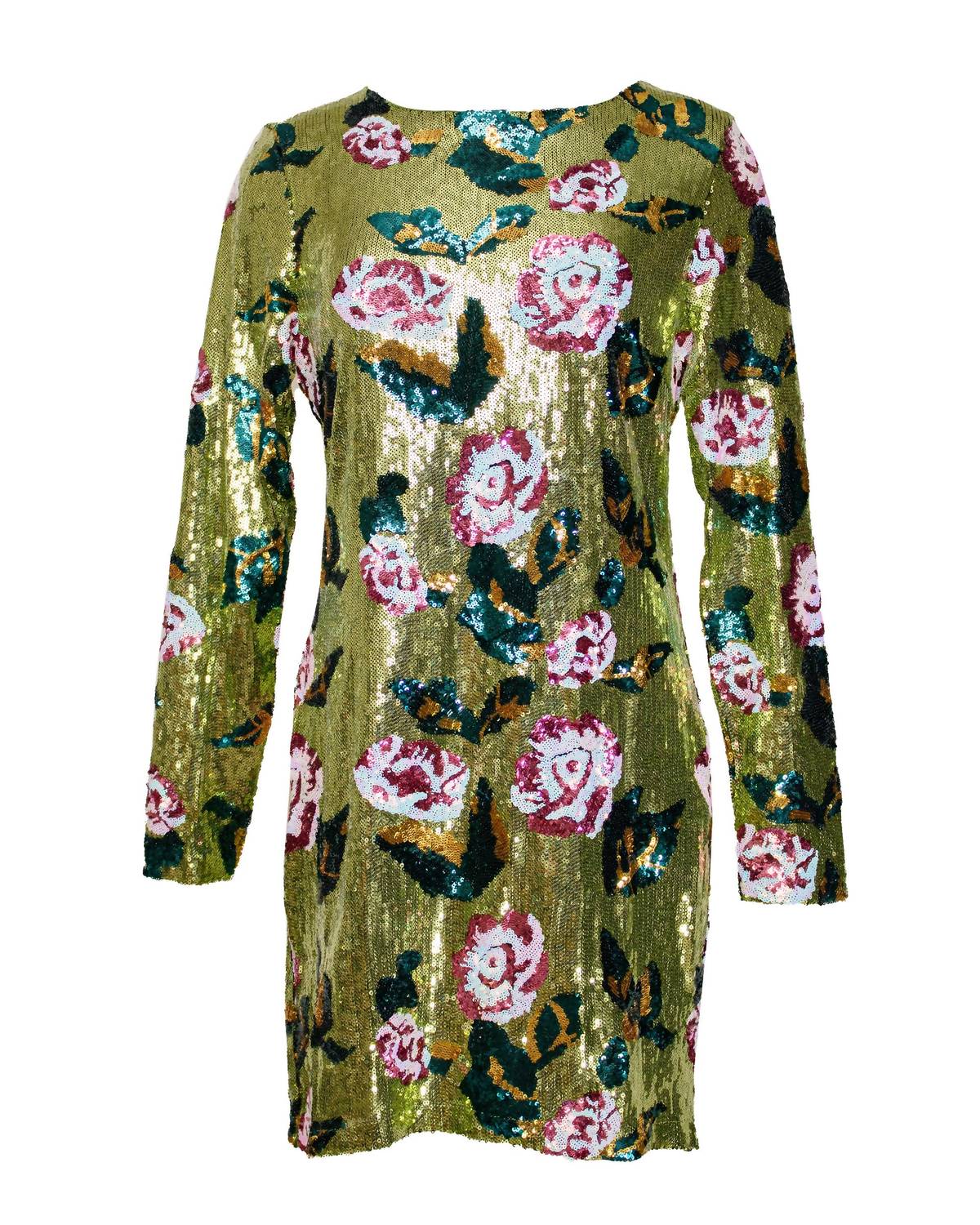 Floral Sequin Long Sleeve Mini Dress In Green - Image 4