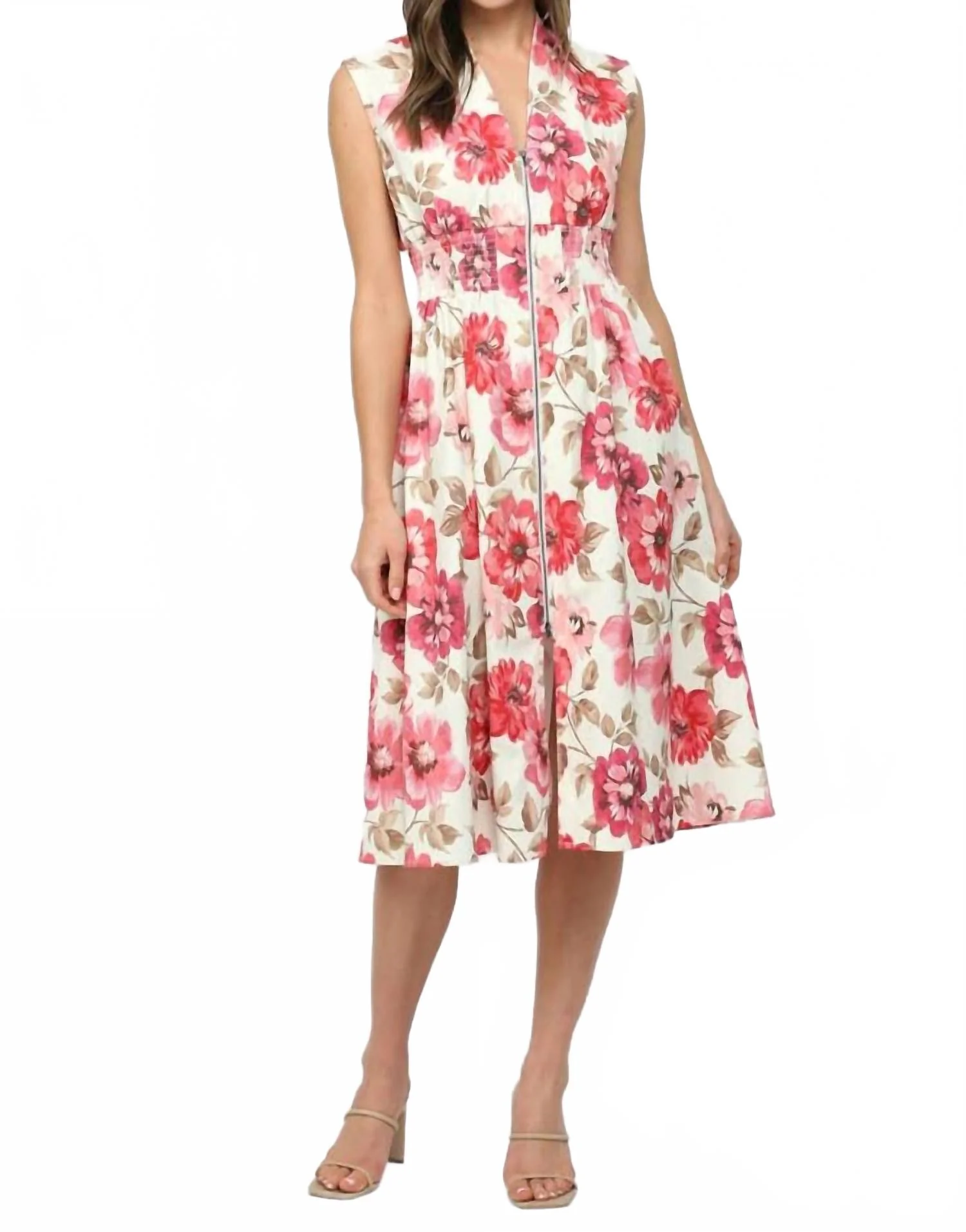 Floral Smocked Waist Front Zip Dress In Multi - Image 2