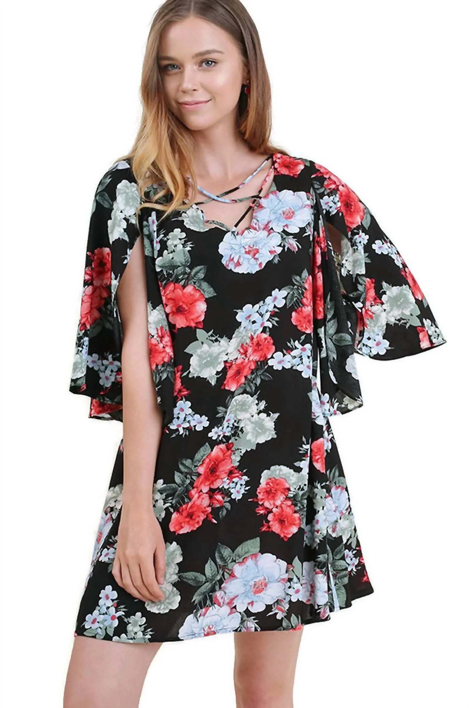 Floral Split Bell Sleeve Dress In Black