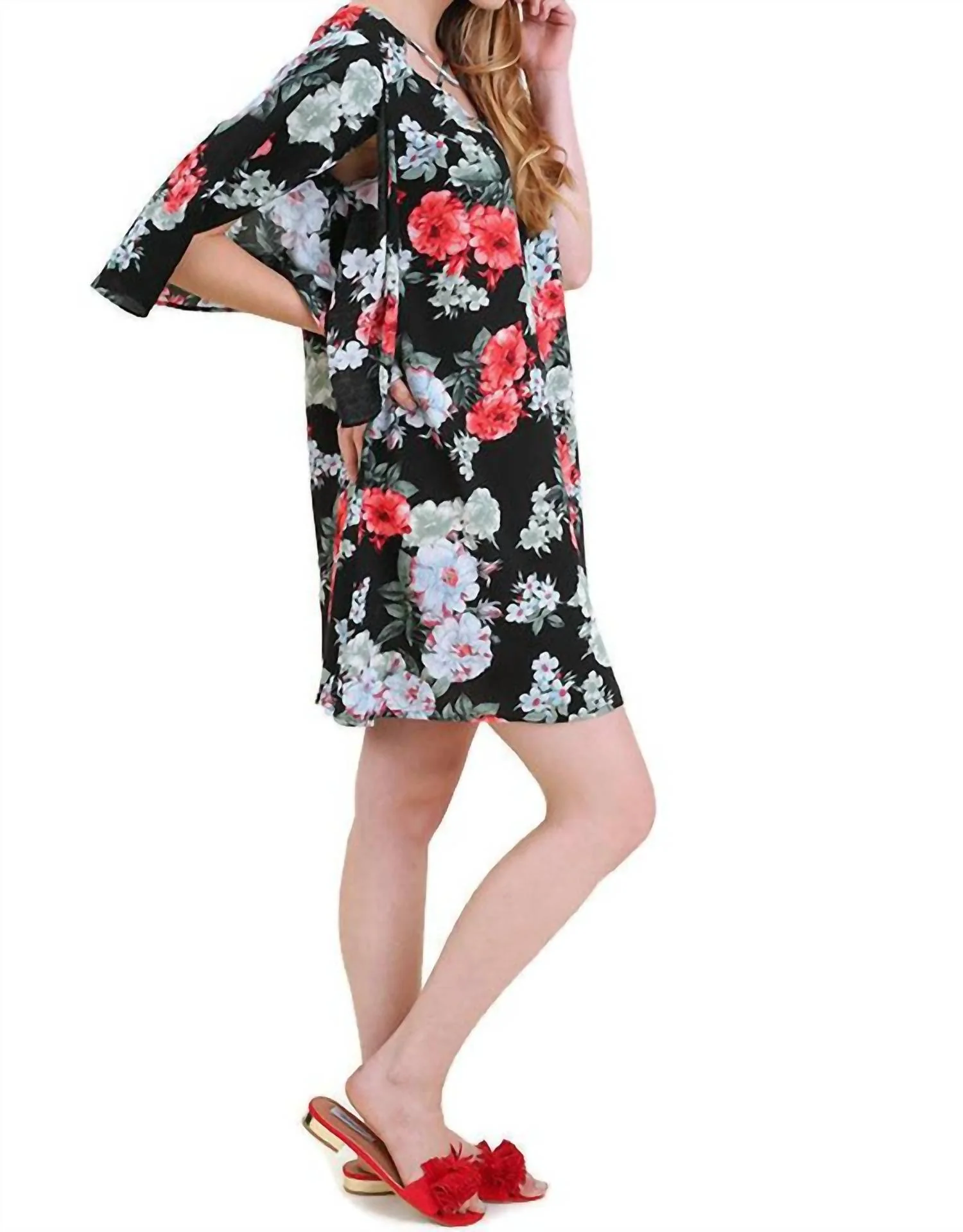 Floral Split Bell Sleeve Dress In Black - Image 3