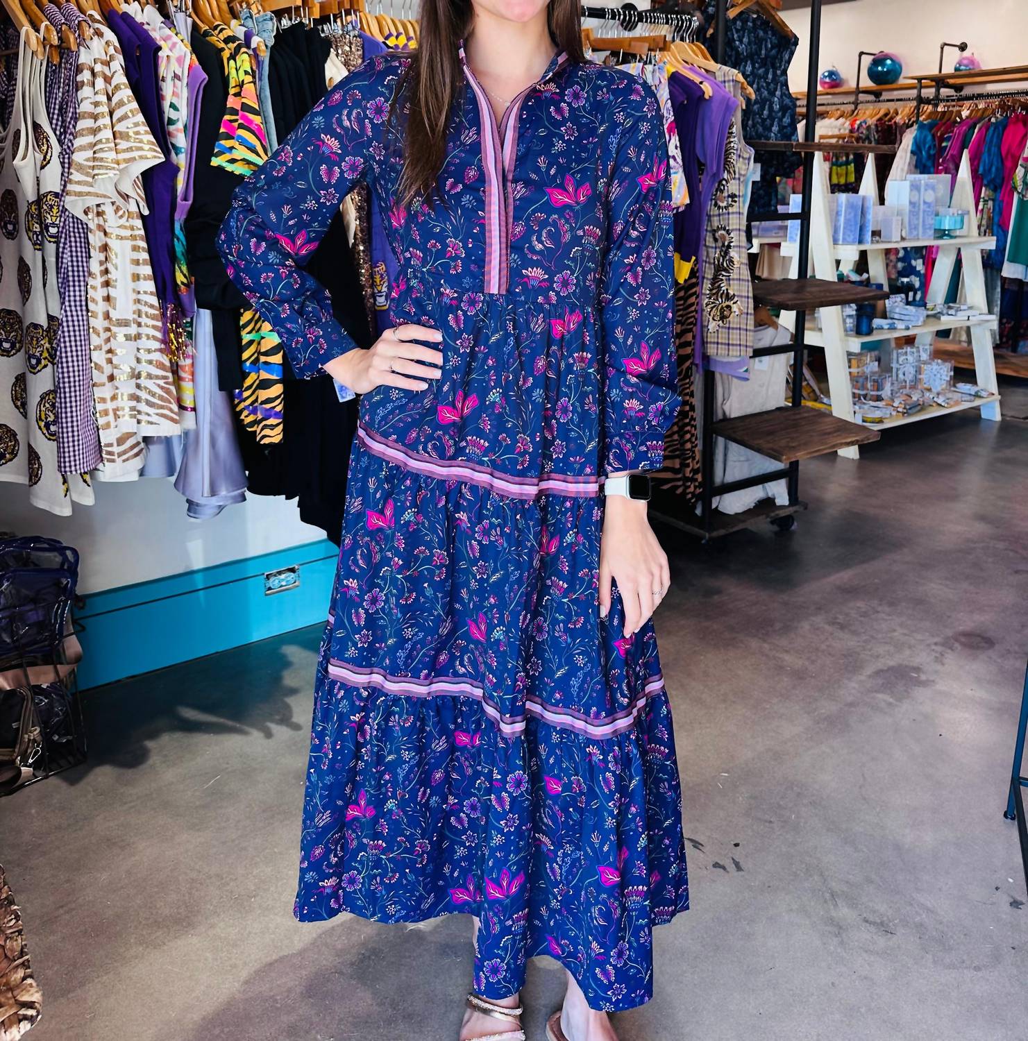 Floral Symphony Floral Long Sleeve Dress In Blue